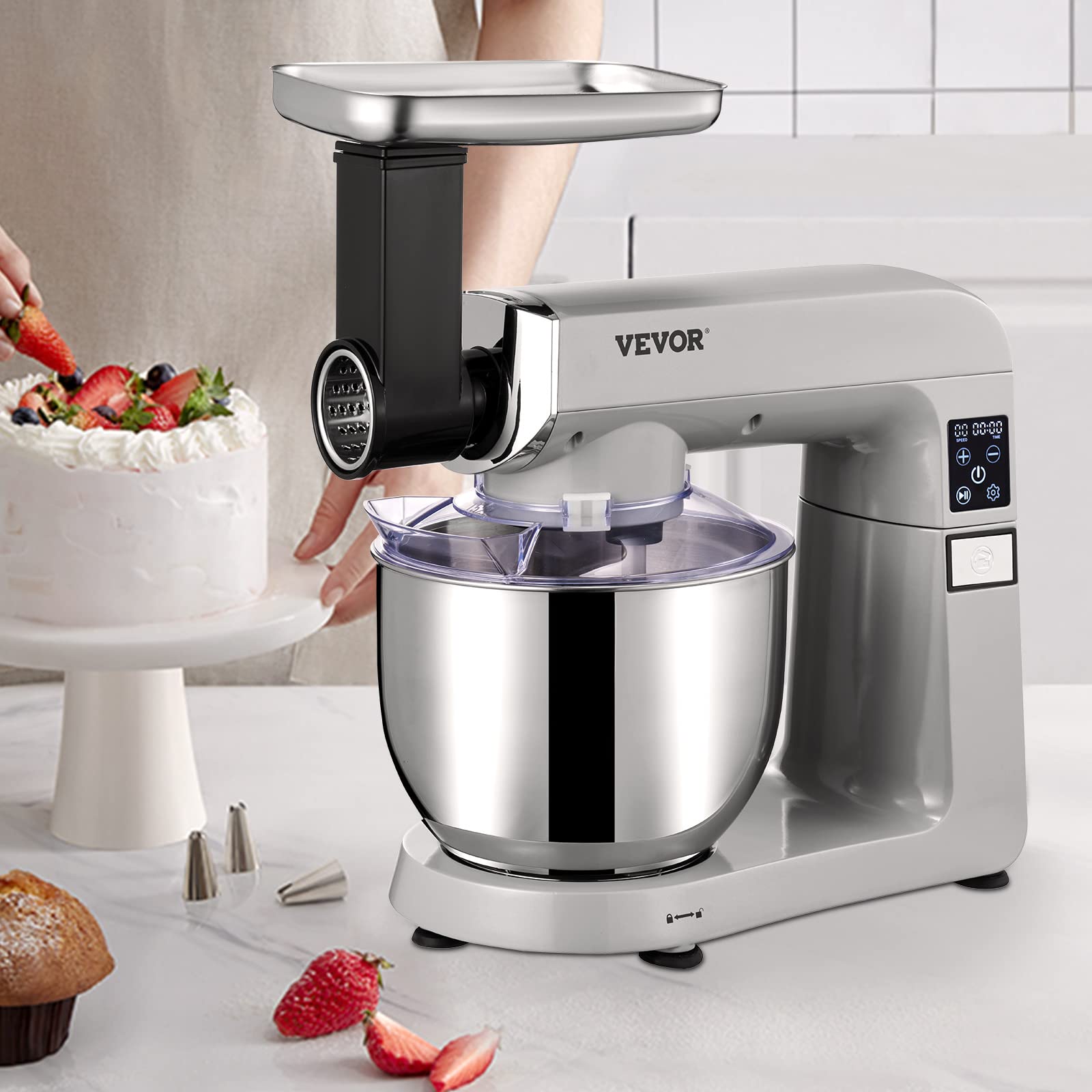 VEVOR 6-in-1 Stand Mixer 450W Tilt-Head Electric Kitchen Mixer with 6 Speeds LCD Timer, 7.4Qt Stainless Steel Bowl - Includes Dough Hook, Flat Beater, Whisk, Scraper, Grinder & Sausage Stuffer - Perfect for Baking, Cooking, Meal Prep & Home Kitchen Use (Gray)