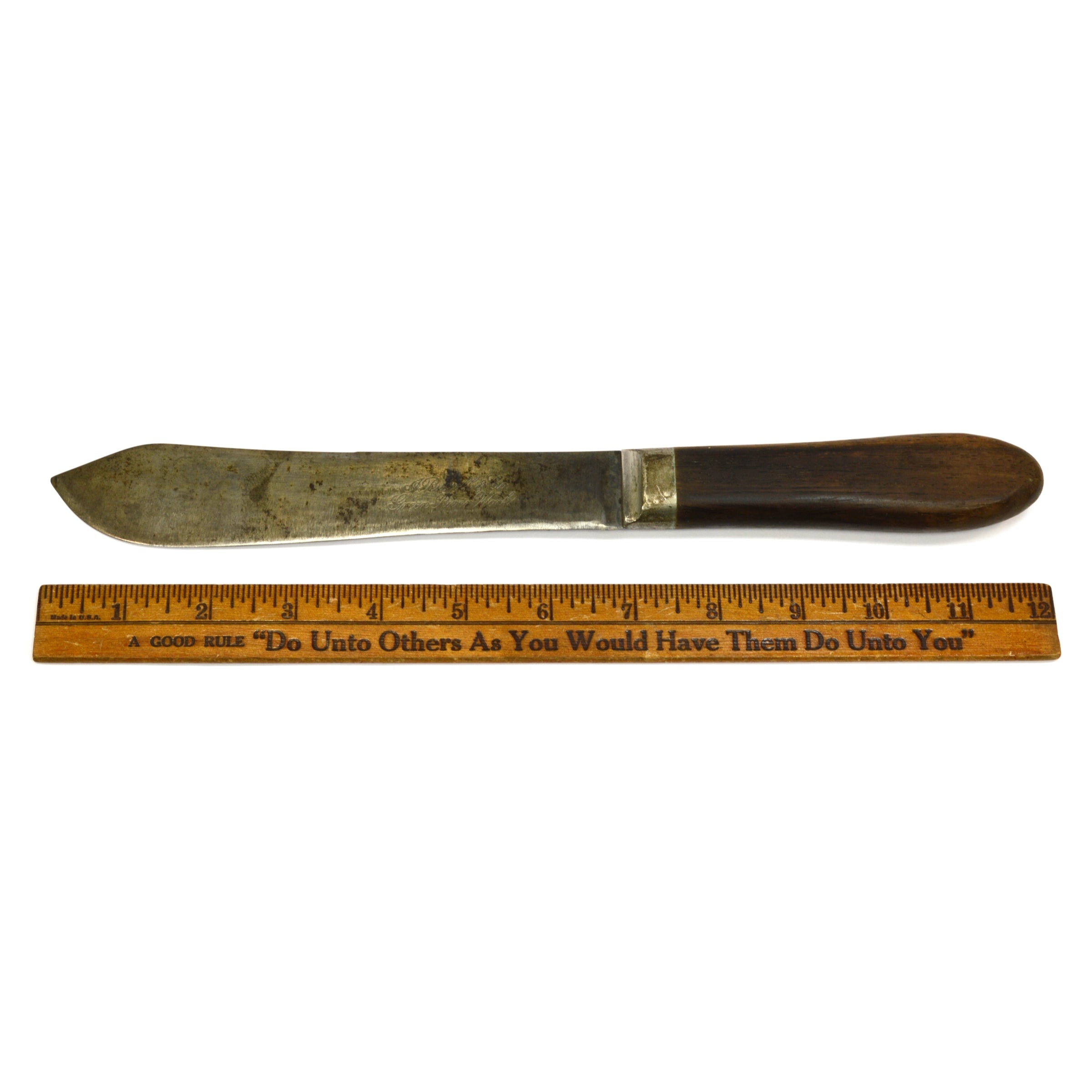 Vintage J. Russell Green River Works Knife with Script Logo & Pewter Bolstered Handle - Hunting, Camping, and Outdoor Survival Tool