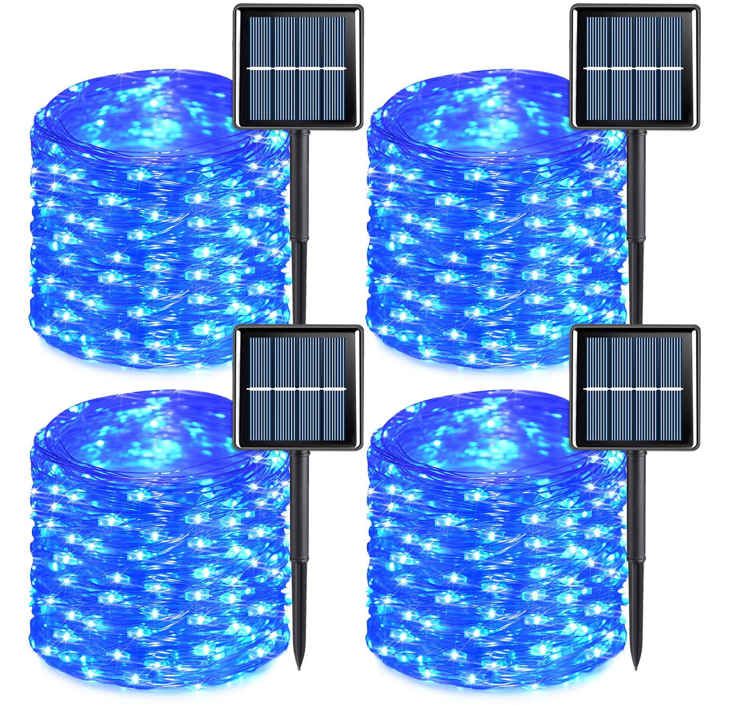 YEGUO 4 Pack Blue Solar Fairy Lights Outdoor Waterproof - 100 LED 33ft String Lights with 8 Modes for Garden, Patio, Wedding, and Party Decorations