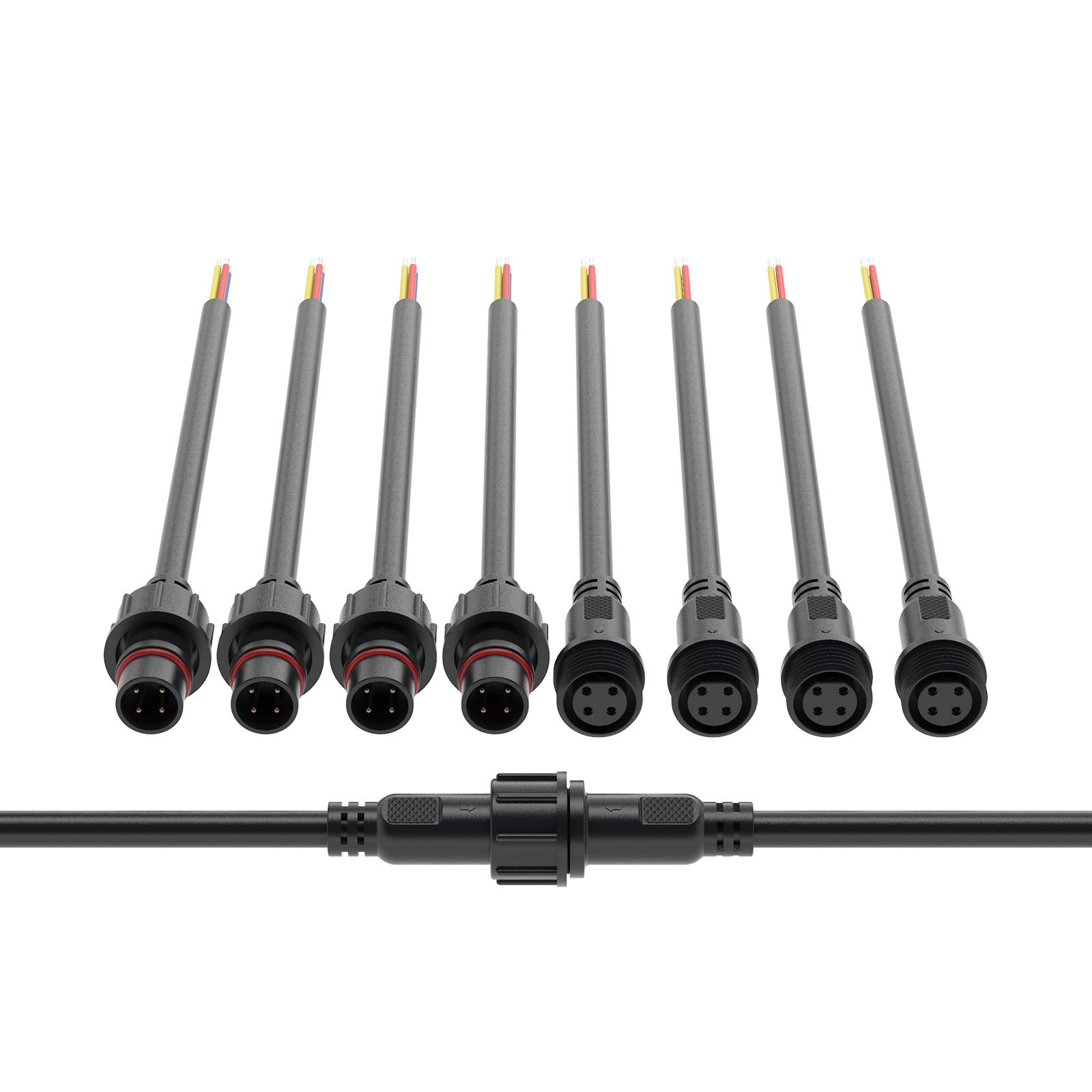 BTF-LIGHTING 4 Pin IP65 Waterproof Electrical Connector - 20AWG Male Female Plug with 20cm Extension Cable - for Car, Truck, Boat LED Strip Lights - Indoor/Outdoor Use - 22mm Nut Big Size (5 Pairs) - Perfect for Automotive Lighting, Marine Applications & Home Decoration