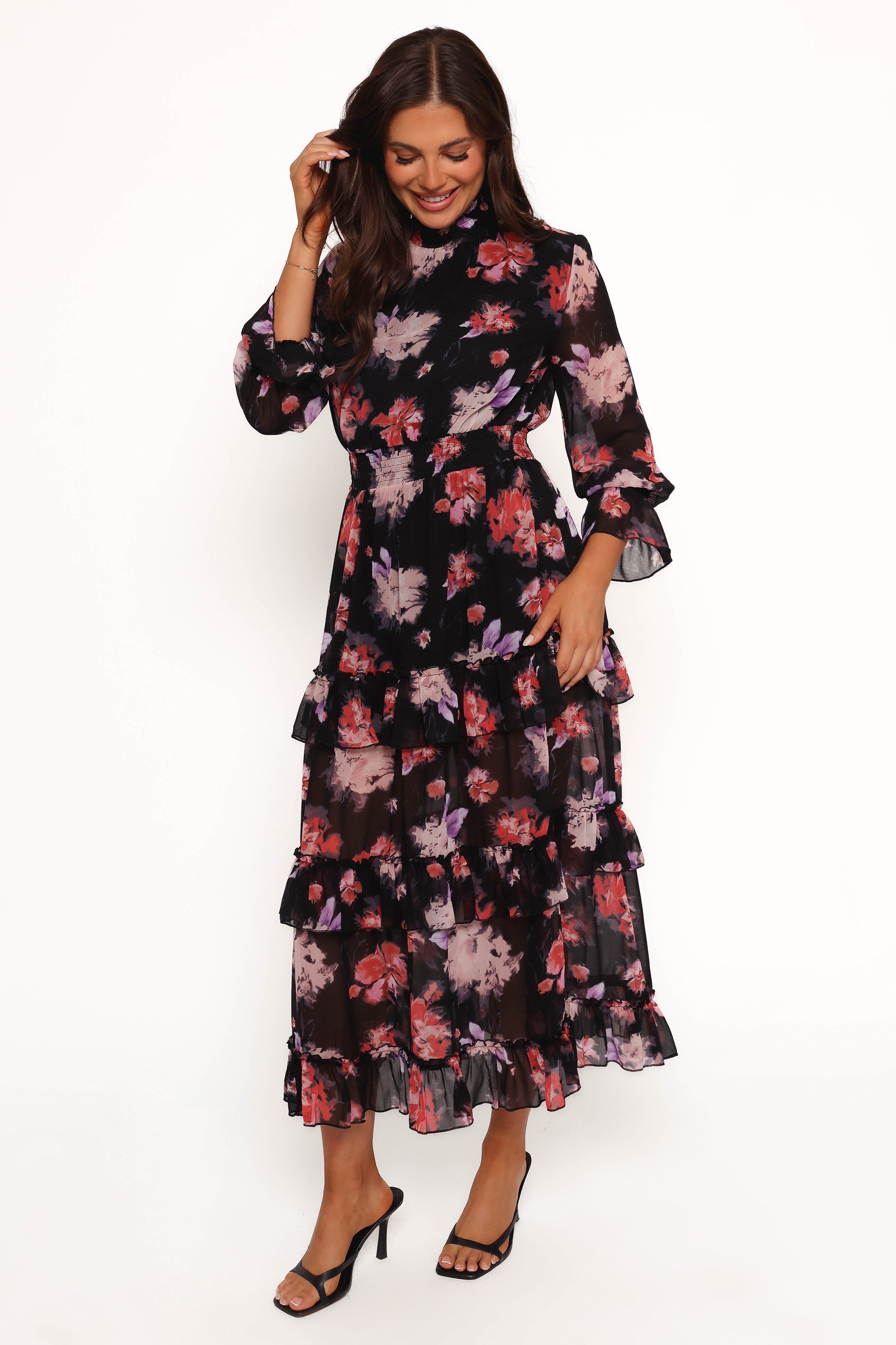 Isadora Long Sleeve Maxi Dress - Black Blurred Floral Print Women's Elegant Evening Gown for Parties, Weddings & Special Occasions