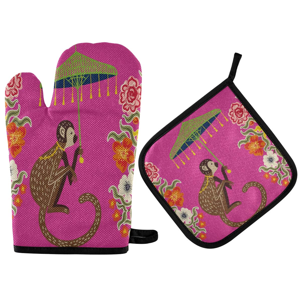 Heat Resistant Oven Gloves & Pot Holders Set - Ancient Monkey Flowers Design, Soft Insulated Kitchen Mitts for Baking, Cooking, Microwave Use - Safe for Grilling, BBQ and Hot Dish Handling