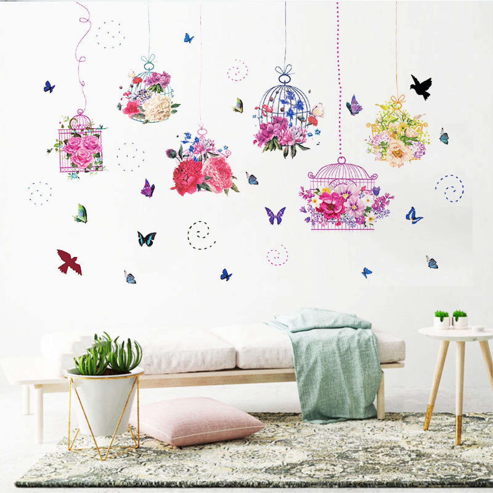 2Pcs Butterfly Flower Birdcage Wall Decals - 115X76CM Removable PVC Wall Stickers for Bedroom, Living Room, Nursery Decor - Perfect for Home, Office & Party Background Decoration