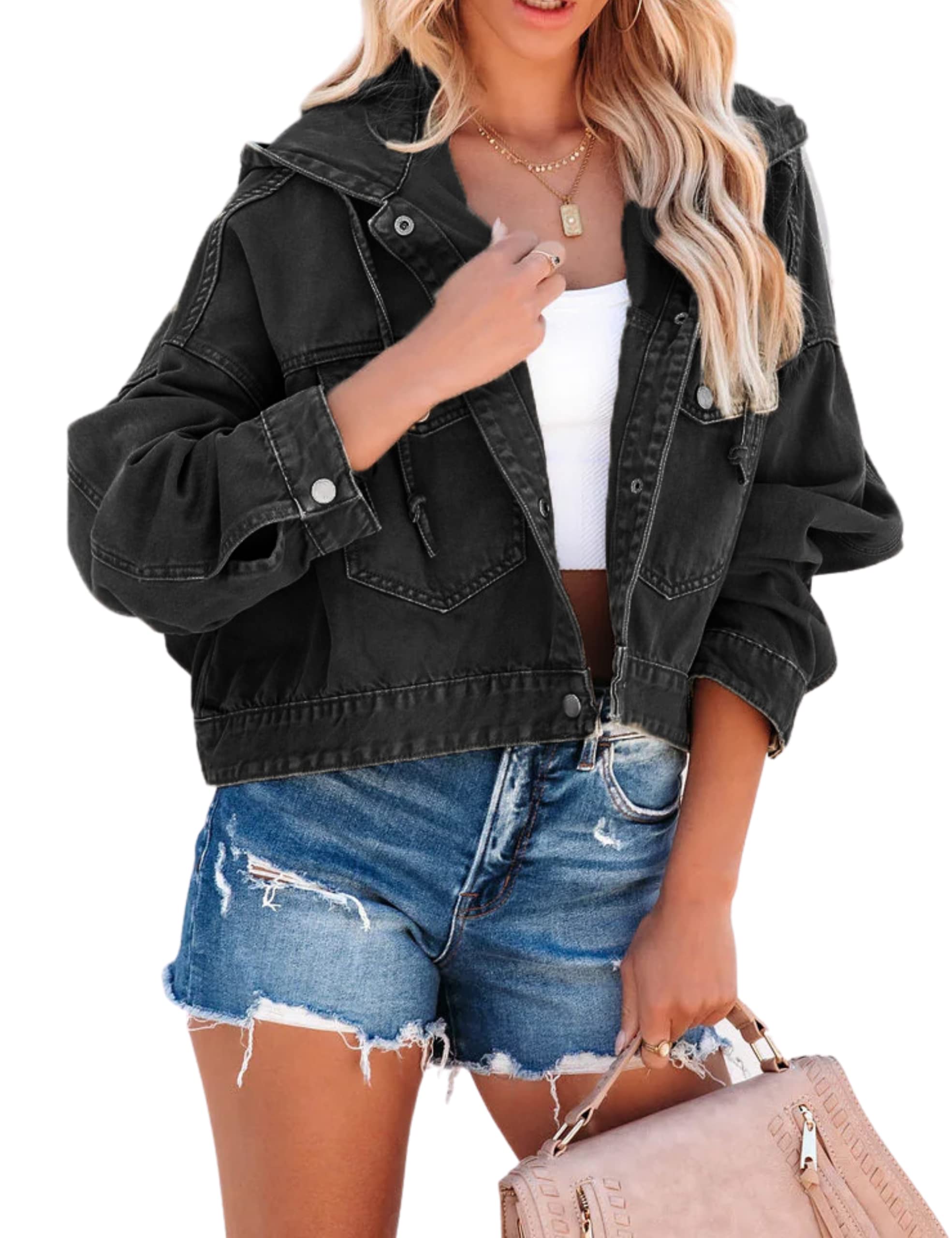 ChiyeeKiss Women's Distressed Cropped Denim Jacket - Oversized Casual Hoodie with Pockets | Perfect for Streetwear, Layering & Spring/Fall Fashion