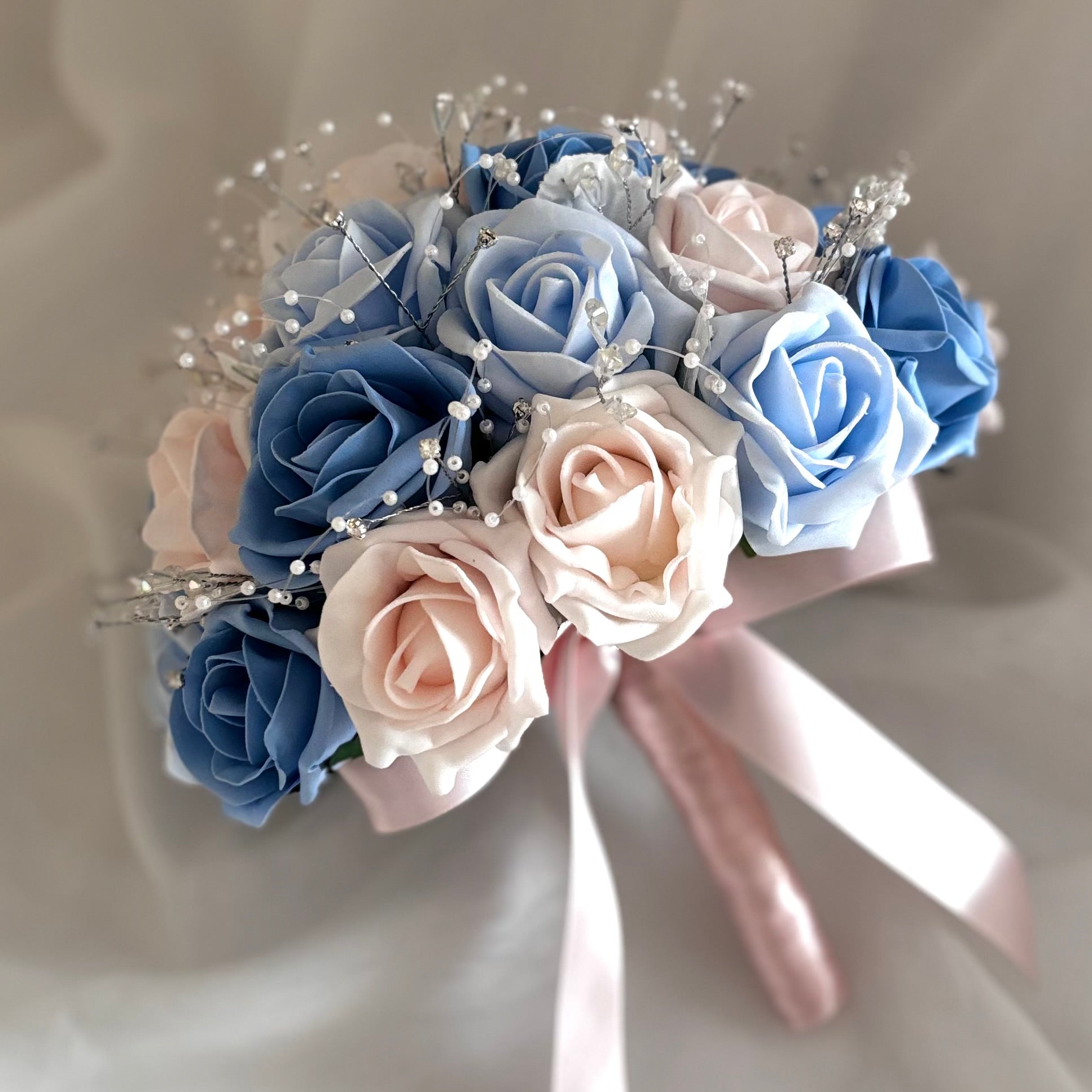Artificial Bridal Bouquet - Blush Pink & Blue Roses with Diamantés & Crystals - Wedding Flowers FL67 - Perfect for Bridal Showers, Wedding Decor & Photo Props