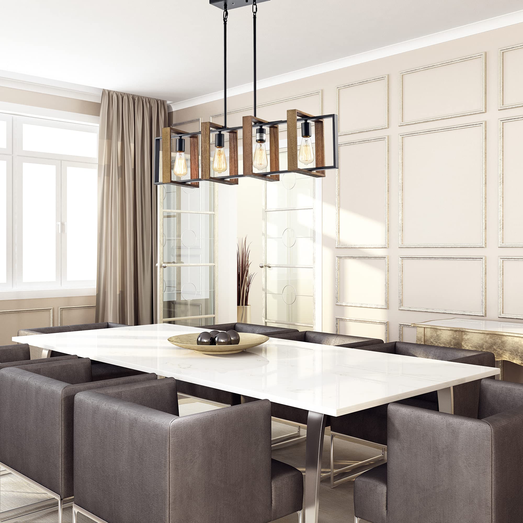 Modern 4-Light Matte Black & Wood Linear Chandelier with Exposed Edison Bulbs - Farmhouse Dining Room Lighting for Kitchen Island, Entryway, or Living Room