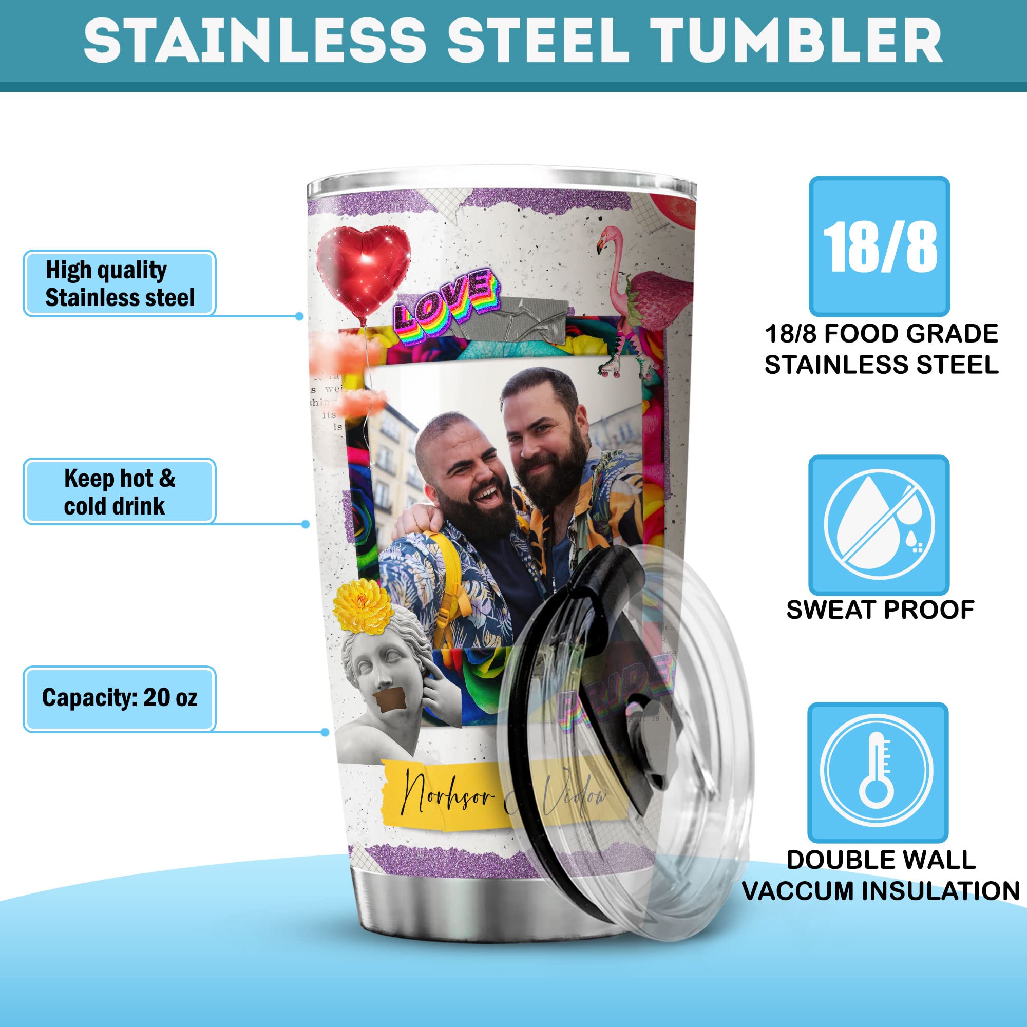 Custom LGBT Pride Tumbler - 20oz Stainless Steel Insulated Coffee Mug with Lid | Personalized Rainbow Photo Collage Design | Perfect Lesbian Gay Couple Gift for Men & Women | Great for Pride Parades, Office Use & Romantic Anniversary Presents