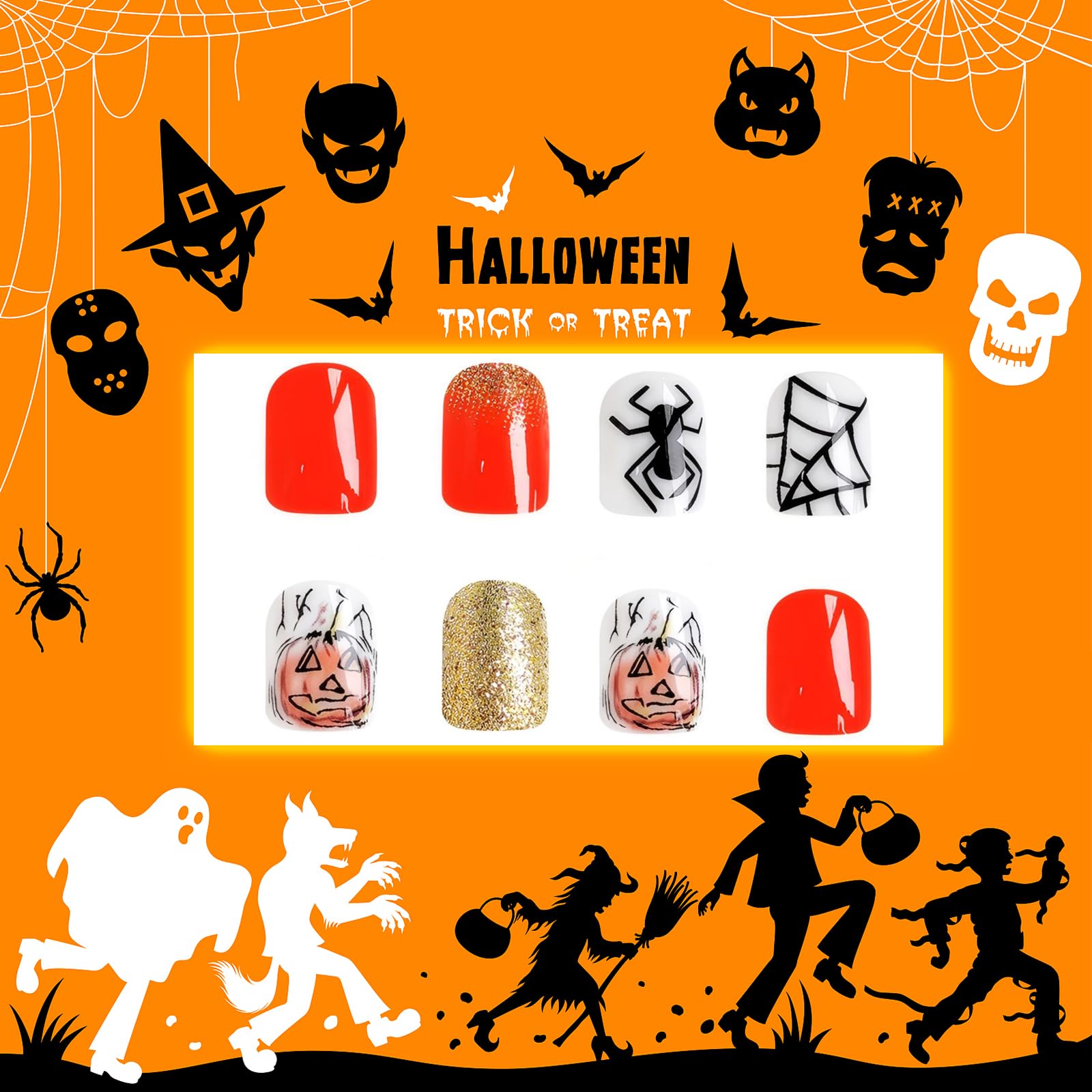 24pcs Halloween Press On Nails - Short Square Fake Nails with Pumpkin & Spider Design, Gold Glitter Acrylic Full Cover False Nails for Women | Perfect for Halloween Parties, Costume Events & Spooky Nail Art