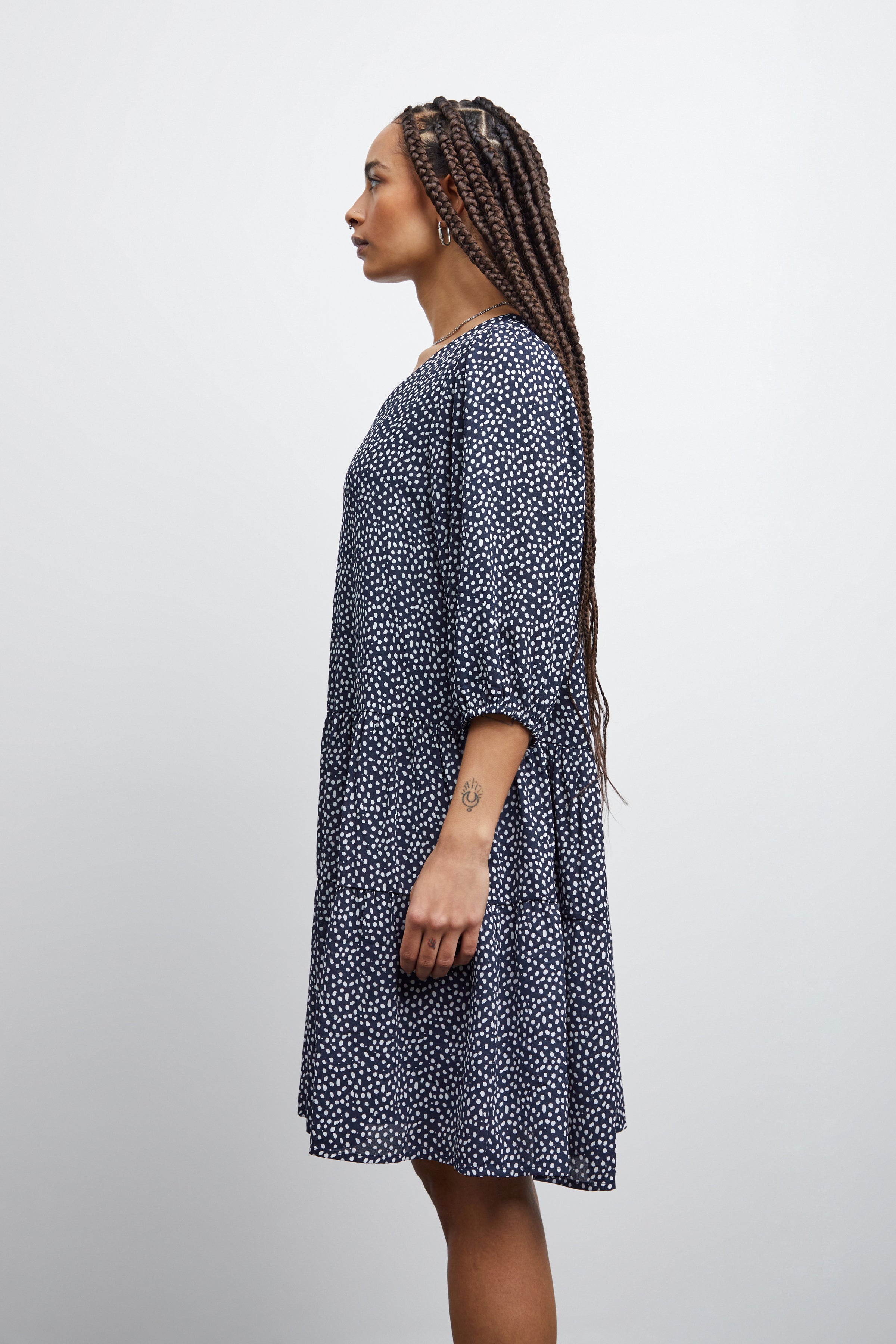 Luma Polka Dot Smock Dress in Navy Blue - Stylish & Comfortable Casual Wear for Women, Perfect for Summer Outings, Beach Trips, and Brunch Dates