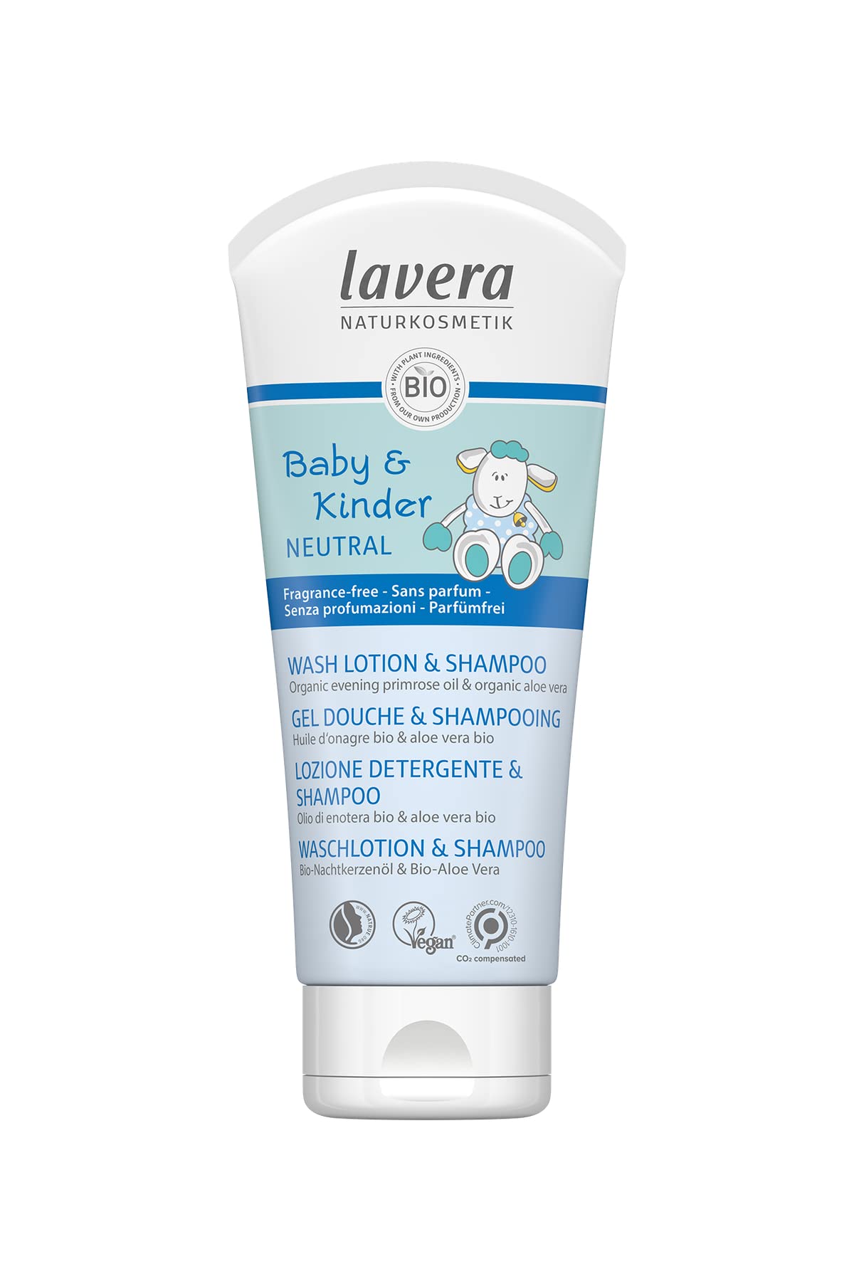 Lavera Baby and Kids Neutral Wash Lotion & Shampoo with Evening Primrose Oil & Aloe Vera | Gentle Cleansing for Sensitive Skin | Organic Vegan Natural Cosmetics | Prevents Dryness | 200ml | Perfect for Daily Bath Time & Bedtime Routine