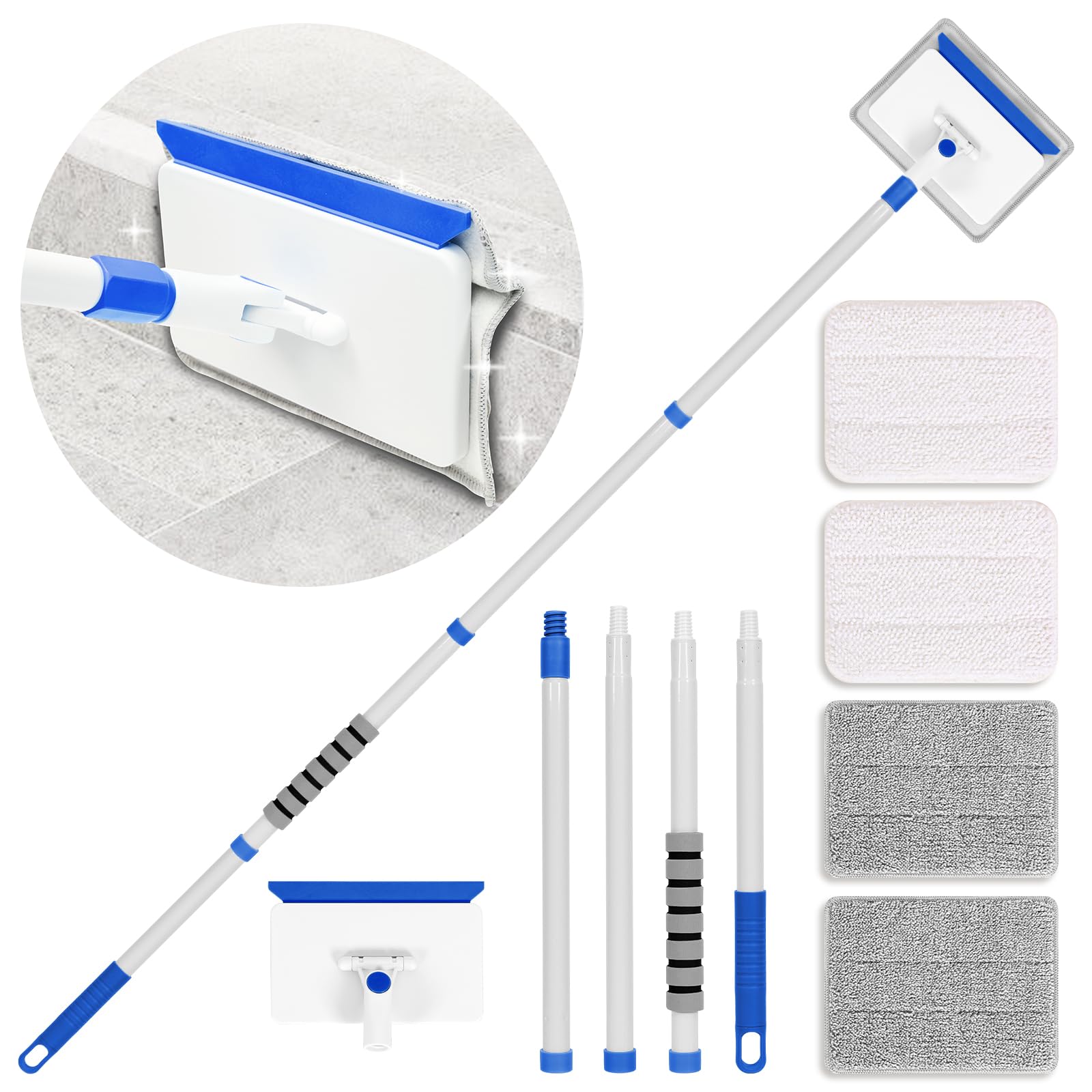 Extendable Baseboard Cleaner Tool with Handle - Wall & Door Frame Cleaning Kit Includes 4 Reusable Pads - Quick Clean for Baseboards, Ceilings & Walls - Perfect for Hard-to-Reach Areas & Deep Cleaning