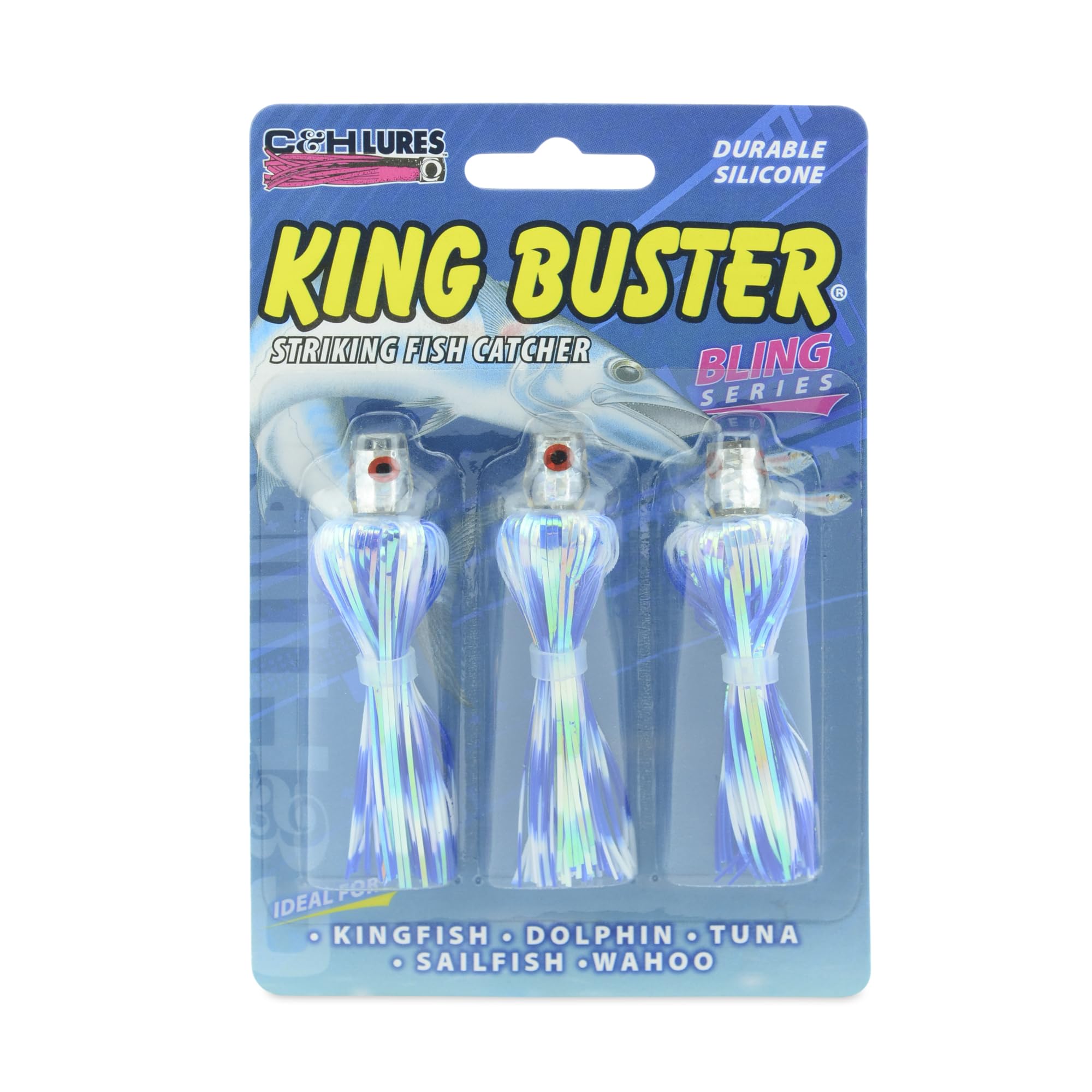 C&H Lures King Buster Bling Series Fishing Lures - Holographic Silicone Skirt, 2.5 Inch Saltwater Fishing Bait (3 Pack), Proven Effective for Bass, Trout & Tournament Fishing - Perfect for Deep Sea, Pier & Freshwater Angling