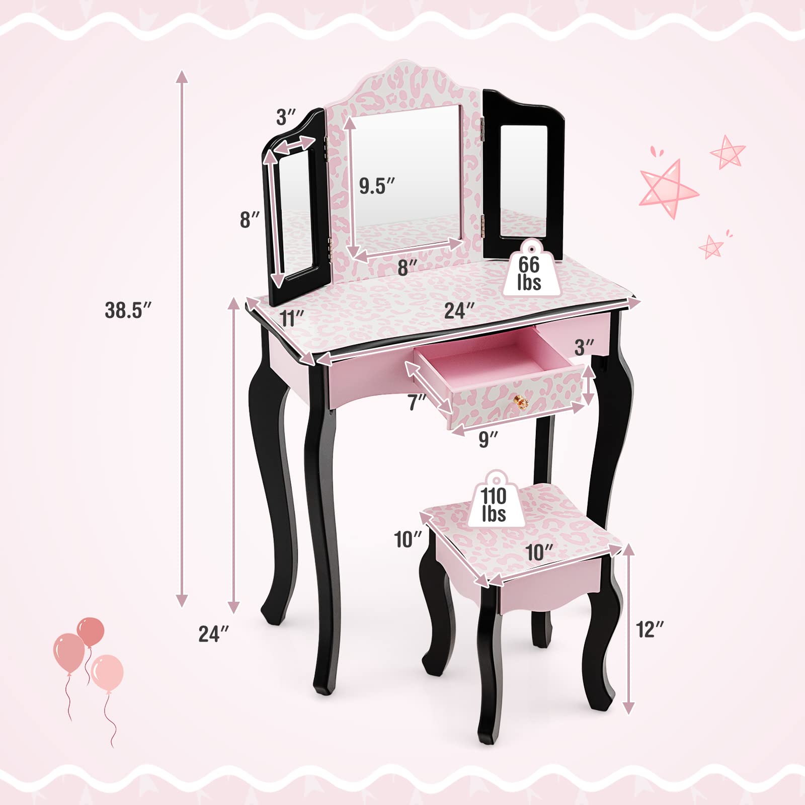 Honey Joy Kids Vanity Set with Mirror & Stool - Pink Leopard for Girls Bedroom
