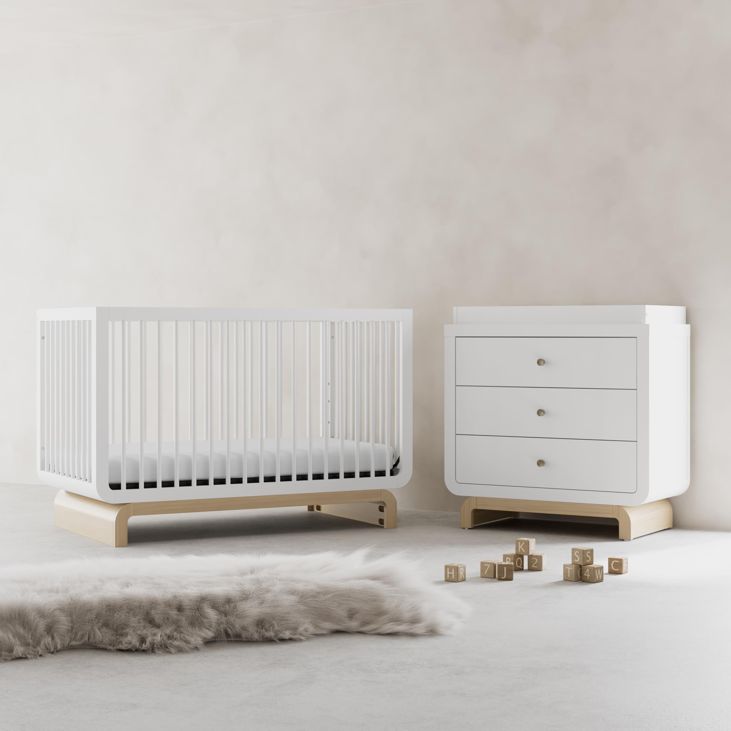 Storkcraft Santorini 3-Drawer Baby Changing Dresser with Topper - White & Driftwood Finish | GREENGUARD Gold Certified, Award-Winning Nursery Furniture | Solid Wood Chest with Interlocking Drawers for Kids Bedroom | Perfect for Diaper Changes & Baby Storage Organization