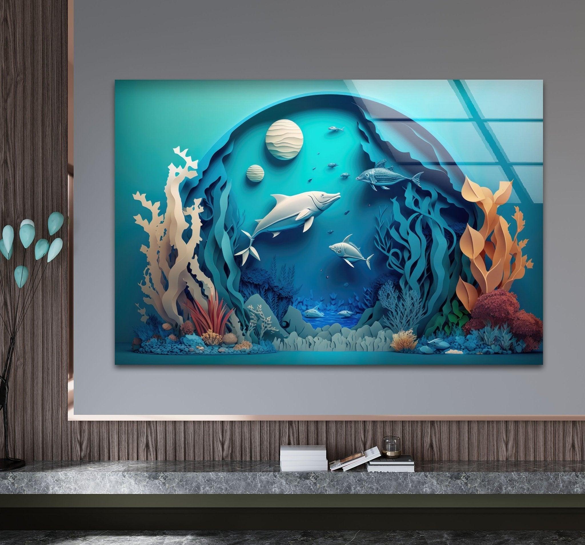 3D Fishes Paint Glass Wall Art - Handmade Ocean Themed Decor for Living Room, Bedroom, Bathroom - Perfect for Home, Office & Gift Giving
