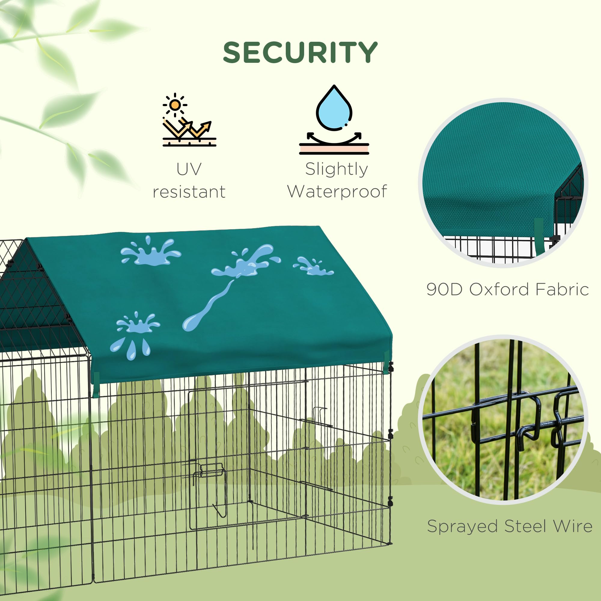 PawHut 87-Inch Small Animal Playpen with Doors - Outdoor/Indoor Catio Cage for Rabbits, Guinea Pigs, Chickens, Chinchillas, Cats, Quails & Ducks - Spire Roof Design in Green - Perfect for Backyard, Patio or Indoor Pet Play Areas