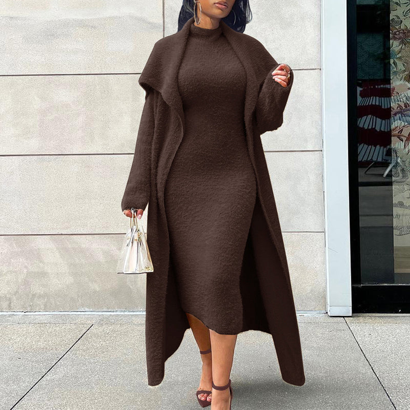 Reversible Fleece Dress Cardigan Set with Belt - Cozy Winter Outfit for Women | Perfect for Casual Wear, Office & Date Nights