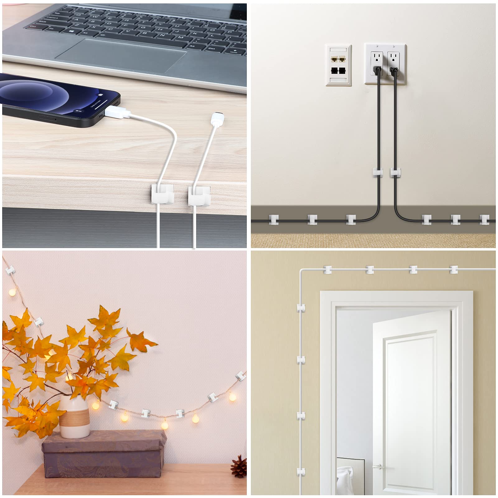 60 PCS White Adhesive Cable Clips - Strong Wall & Under Desk Wire Organizers for LED Strips, Ethernet Cables, Electric Wires - Perfect for Home Office, Gaming Setup & TV Cable Management