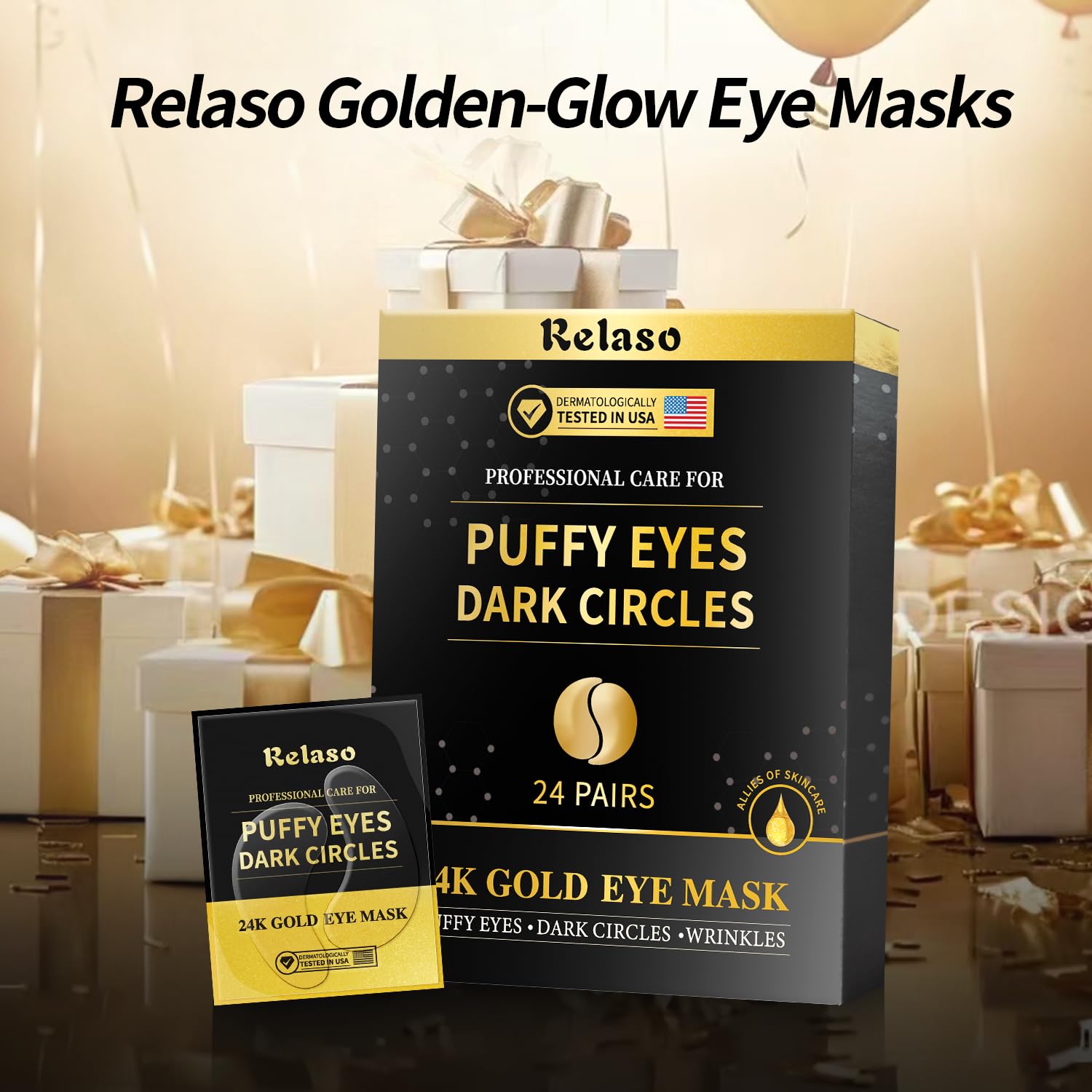 **Dermatology Golden Eye Patches with Amino Acid & Collagen – Cooling Under Eye Masks for Wrinkles, Puffy Eyes & Dark Circles – Skincare Treatment for Women – 12 Pairs – Perfect for Spa Nights, Travel & Self-Care Gifts**