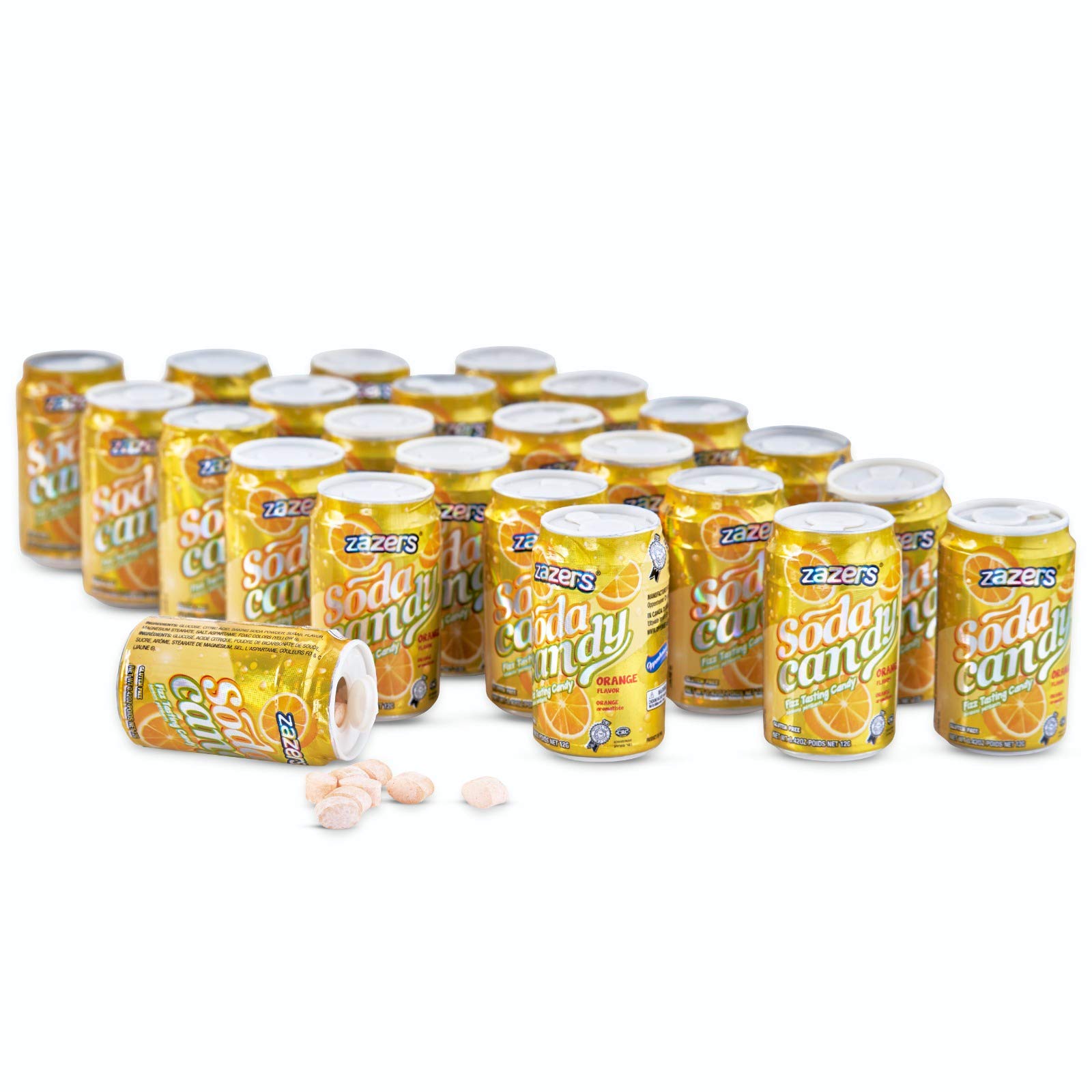 Zazers Soda Can Fizzy Candy - Orange Flavored Hard Candies | Novelty Kosher & Gluten Free Bulk Candy (24 Pack, 0.42oz Each) - Perfect for Parties, Gifts & Movie Nights