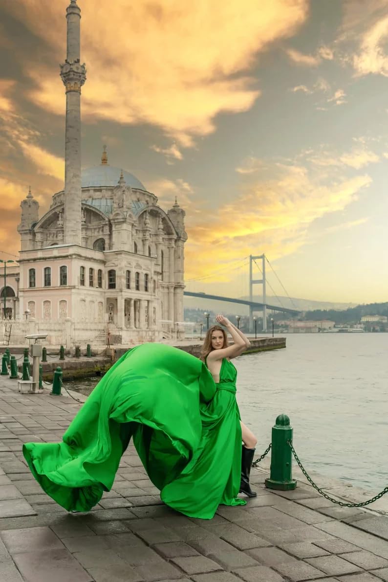 Elegant Long Satin Maxi Dress for Women - Infinity Flow Dress with Train for Photoshoots, Baby Showers & Santorini Vacations | Flowy Flying Photoshoot Dress for Special Occasions