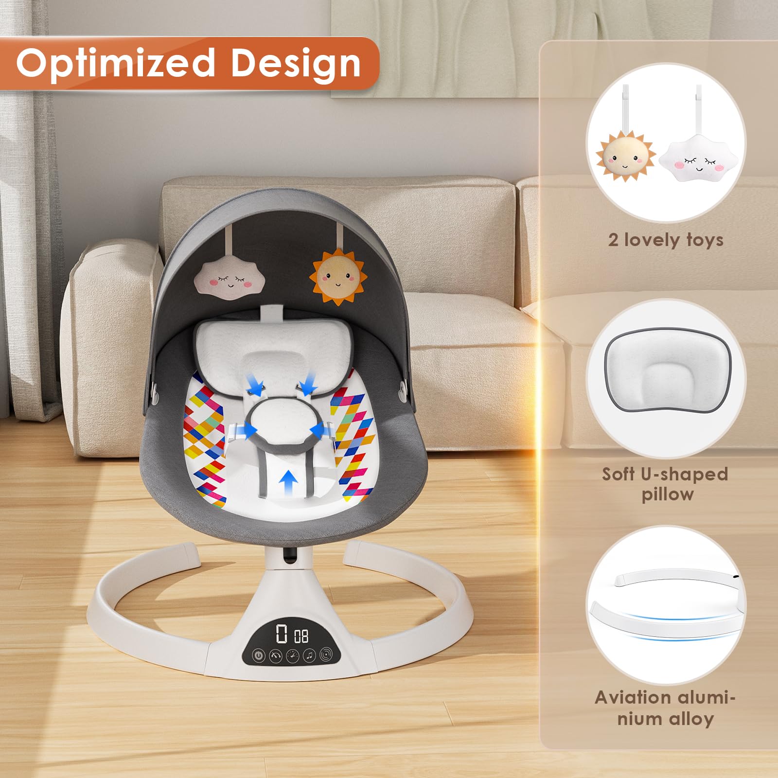 Baby Swing with 5 Speed Settings & 12 Soothing Lullabies - Bluetooth Portable Infant Rocker with Soft Fabric, 3 Timer Modes & Remote Control - Perfect for Newborns 5-20 lbs (Gray) - Ideal for Nursery, Bedtime & Soothing Fussy Babies