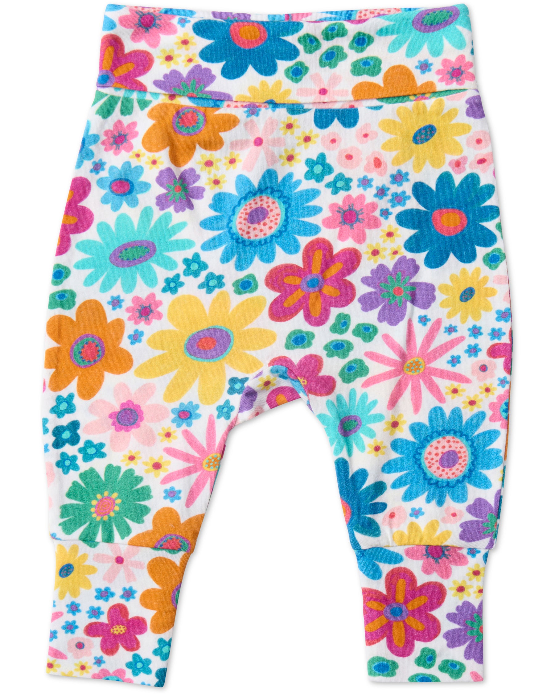 Rainbow Flowers Organic Drop Crotch Pants - Women's Boho Harem Lounge Pants for Yoga, Meditation & Relaxation at Home