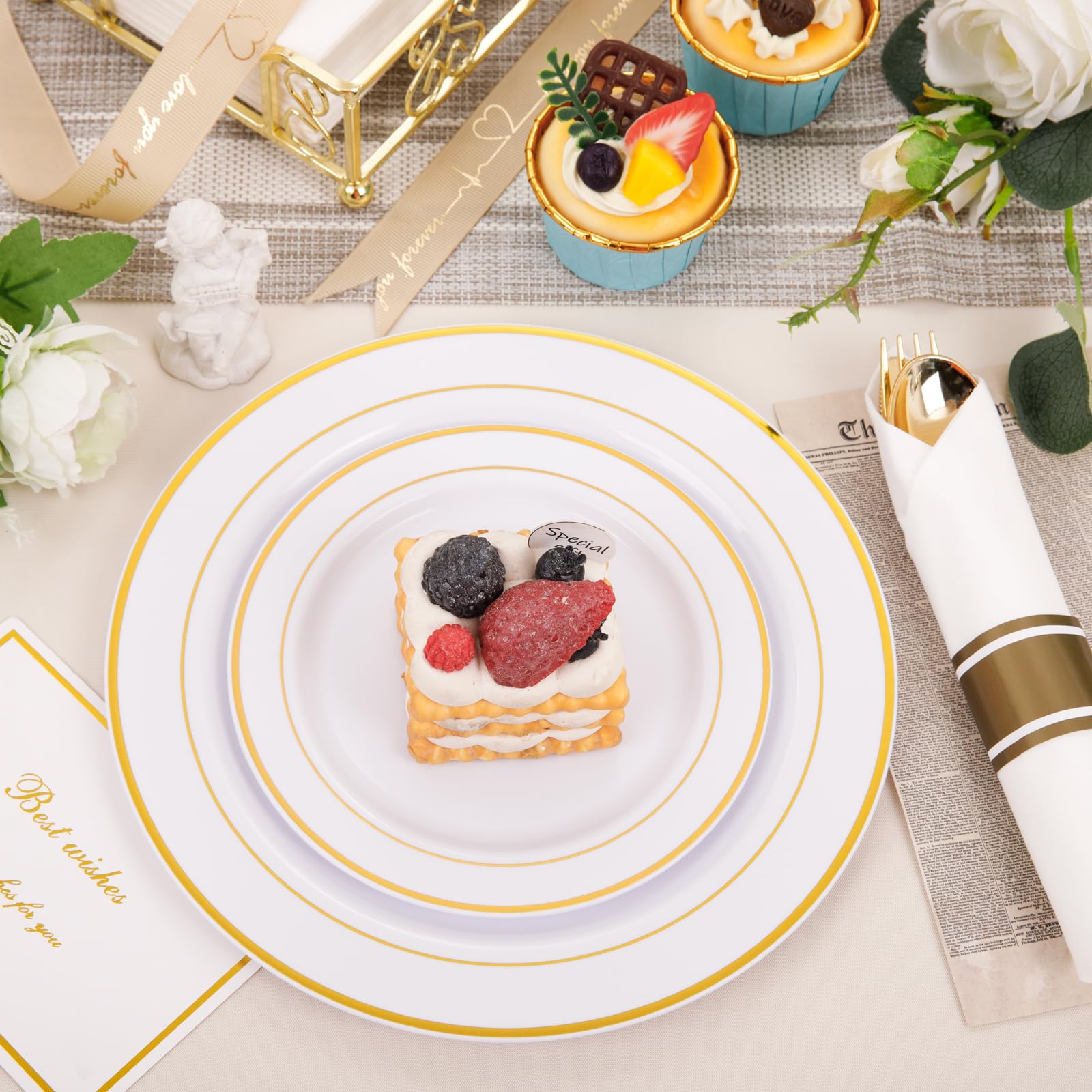 350-Piece Gold Dinnerware Set for 50 Guests - Elegant Disposable Gold Plastic Plates & Cutlery Includes 50 Dinner Plates, 50 Dessert Plates, 50 Pre-Rolled Napkins with Gold Silverware - Perfect for Weddings, Parties, Banquets & Special Events