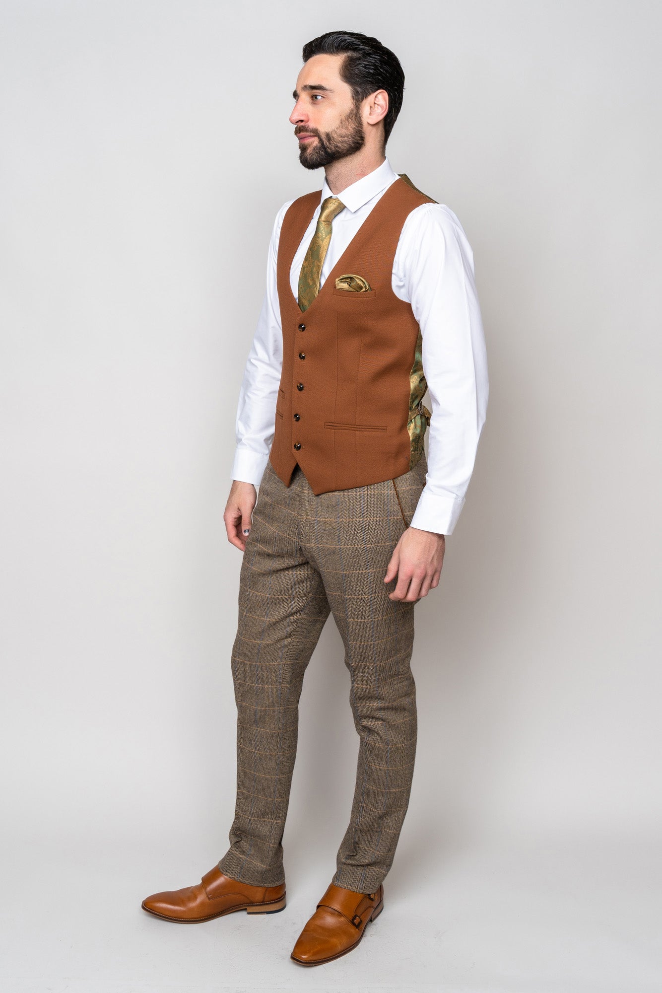 Stylish TED Tan Tweed Check Suit with Kelvin Tan Waistcoat - Perfect for Business Meetings, Weddings & Formal Events