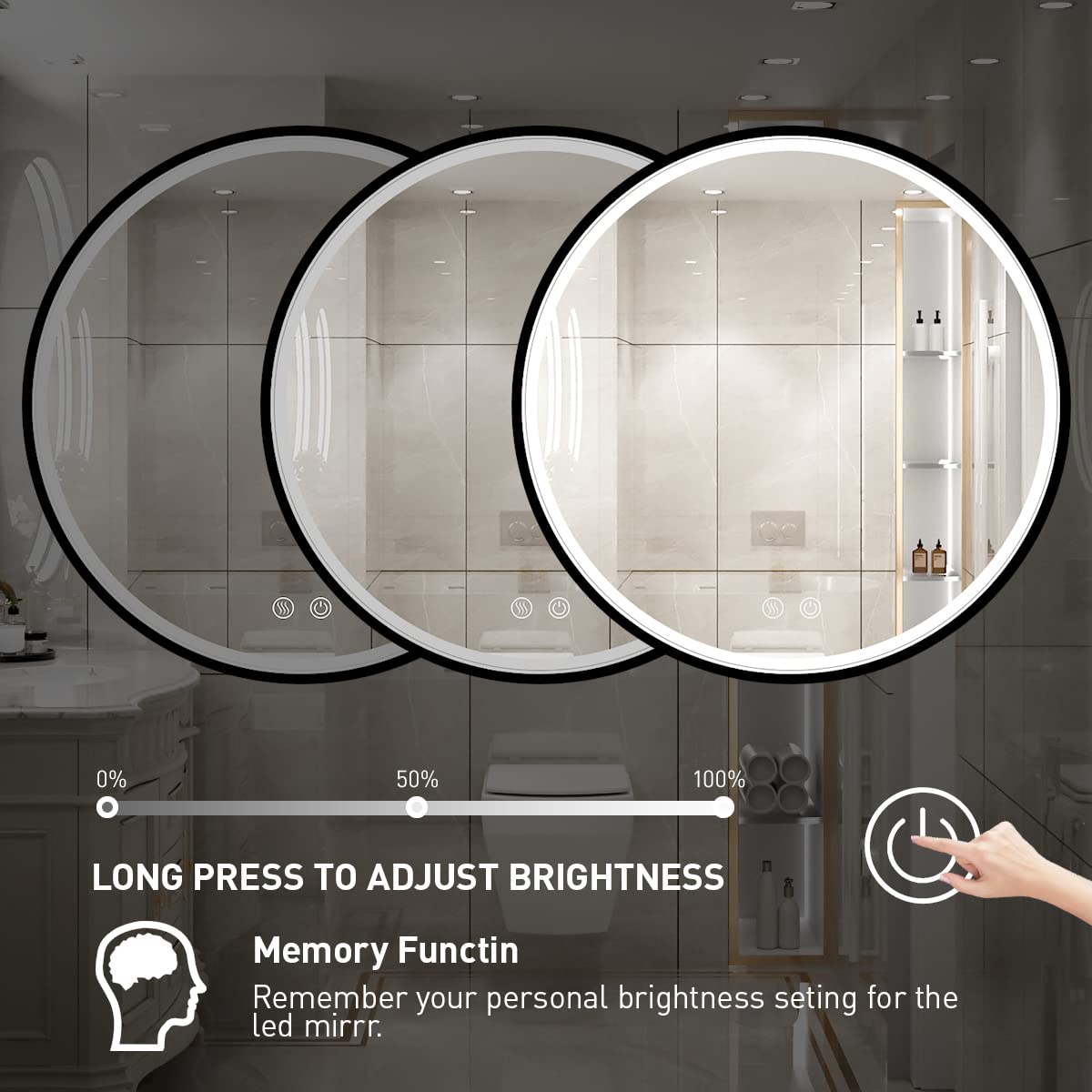 32 Inch LED Round Bathroom Mirror with Light - Wall Mounted Anti-Fog Vanity Mirror with Dimmable Touch Switch, Waterproof IP54, 90+ CRI - Perfect for Makeup, Shaving & Home Decor