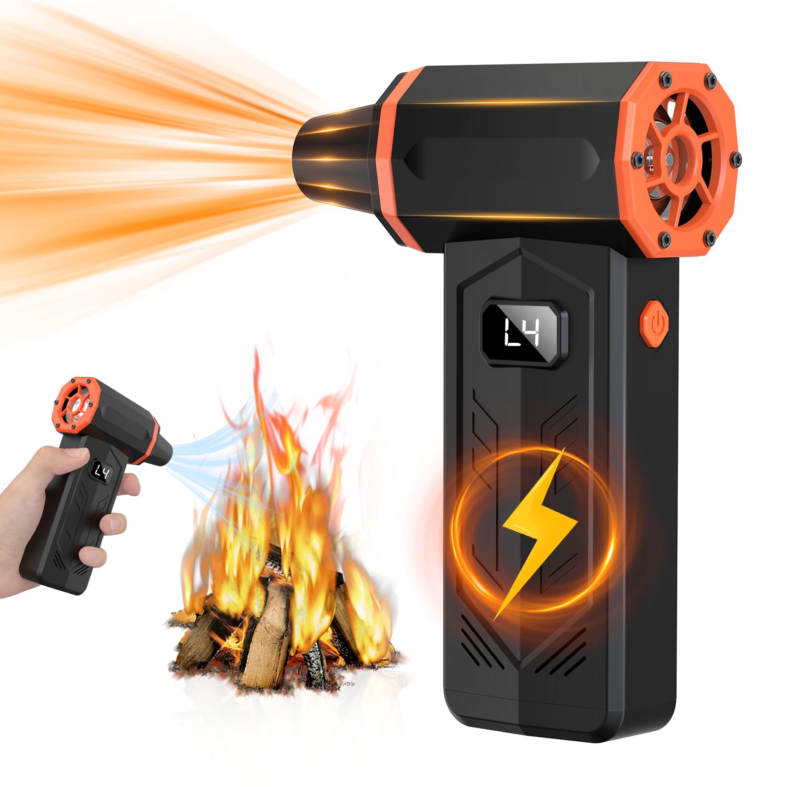 350,000 RPM Turbo Jet Compressed Air Duster with LED Display - 4-Speed Adjustable Electric Air Blower for Keyboard Cleaning, PC Maintenance, Car Detailing & Home Dusting | Replaces Canned Air (Orange)