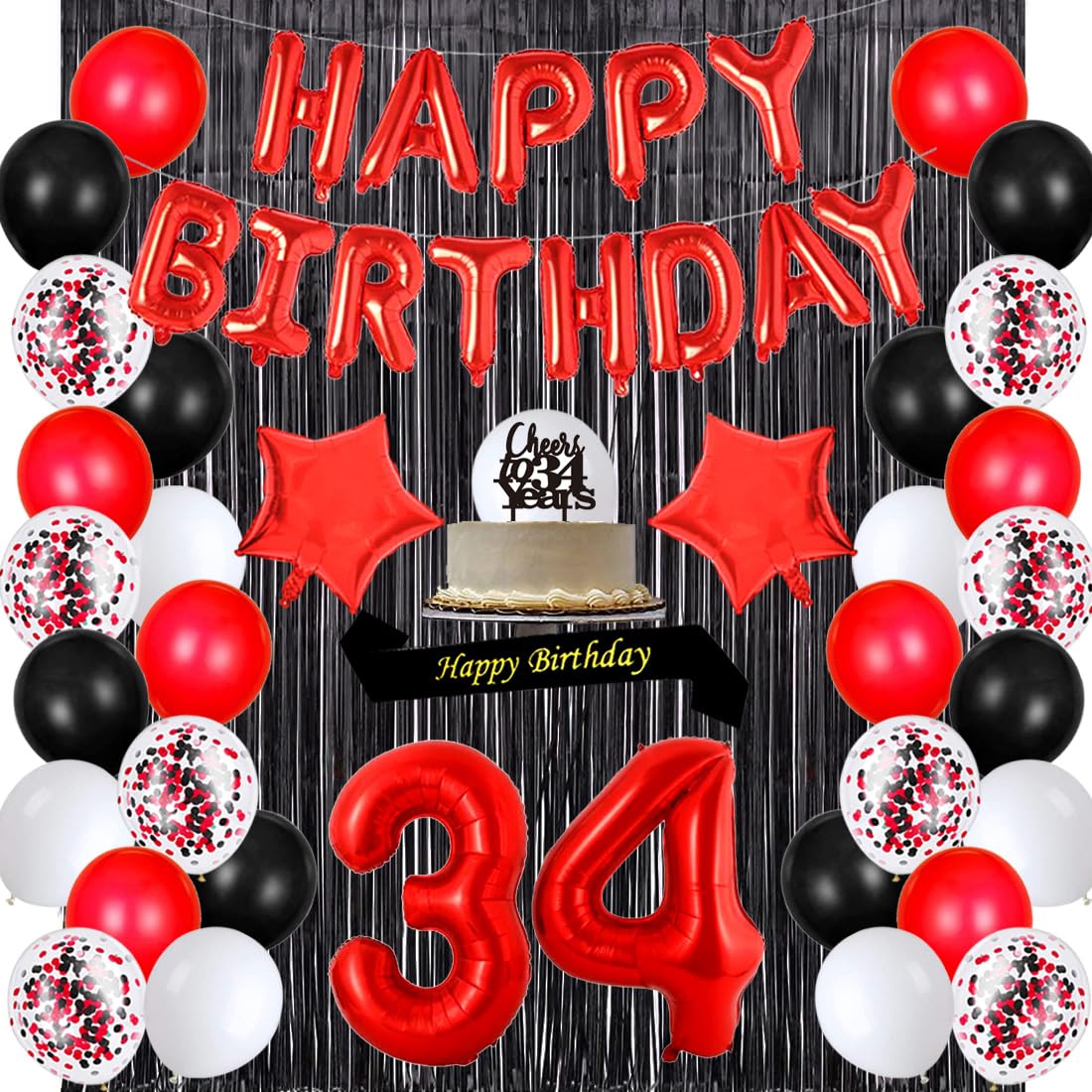 34th Birthday Party Decorations Set - Happy Birthday Banner, Sash, Cake Topper, Confetti & Balloons for Women's 34th Birthday Celebration | Perfect for Home, Office or Surprise Party Decor