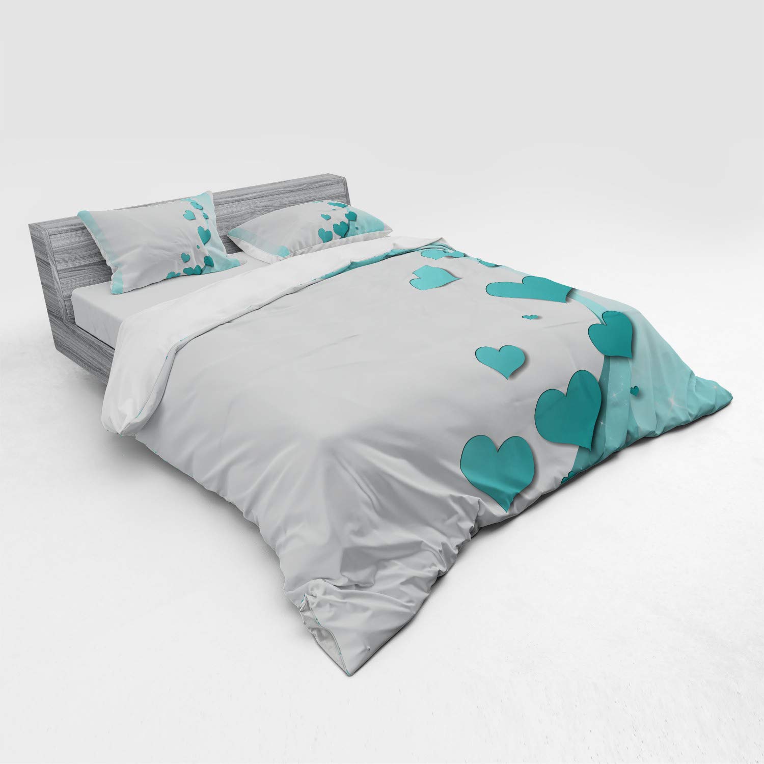 Ambesonne Turquoise Bedding Set - 4 Piece King Size Duvet Cover with Shams & Fitted Sheet, Valentine's Day Romance Art with Hearts & Stars, Wedding Happiness Theme in Teal White - Perfect for Master Bedrooms, Guest Rooms & Romantic Getaways