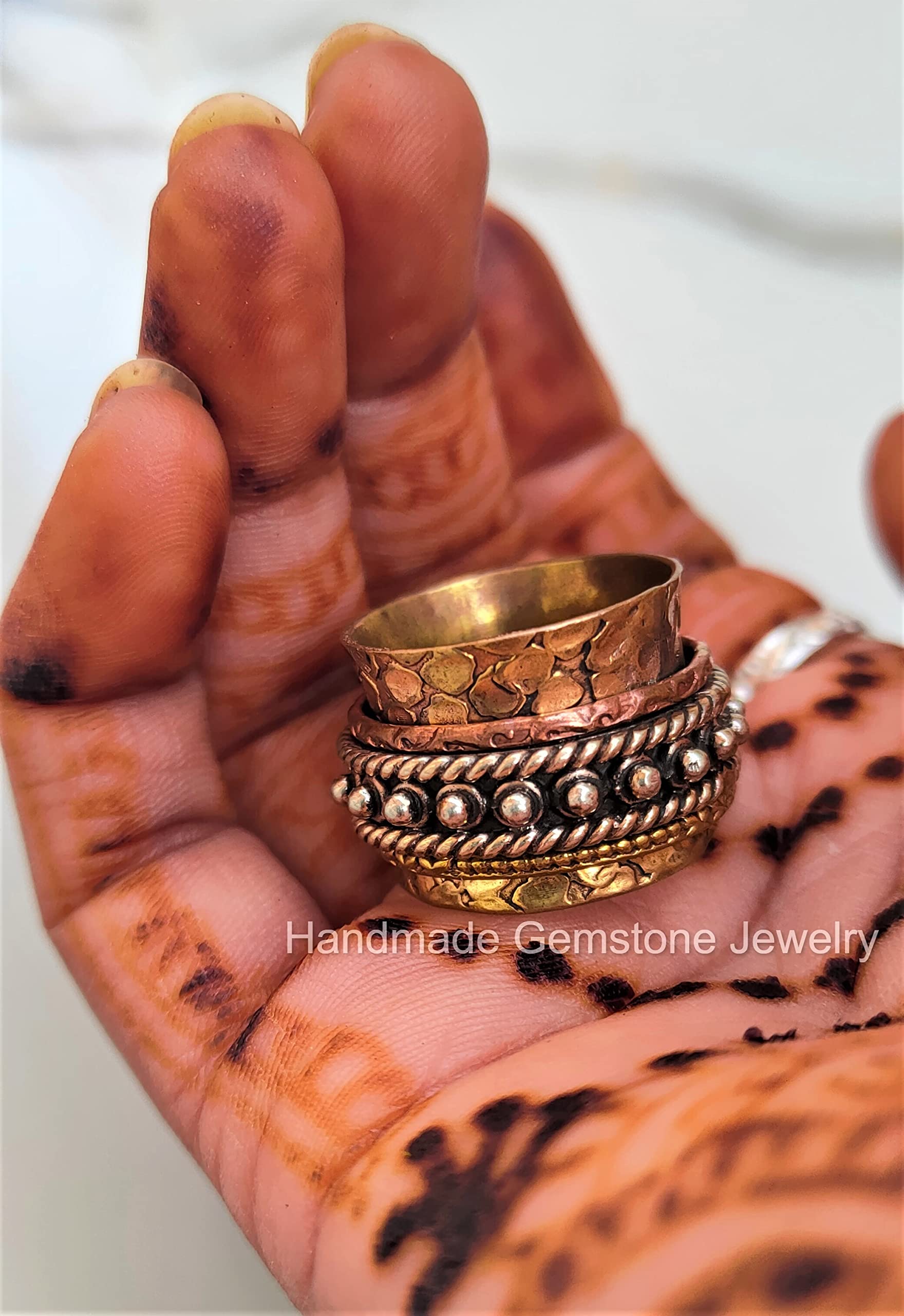 14K Gold Plated Spinner Band Ring - Fidget Ring for Anxiety Relief, Three Tone Unisex Jewelry, Brass Thumb Ring with Artisan Design | Perfect for Stress Relief, Focus & Fashion Accessories
