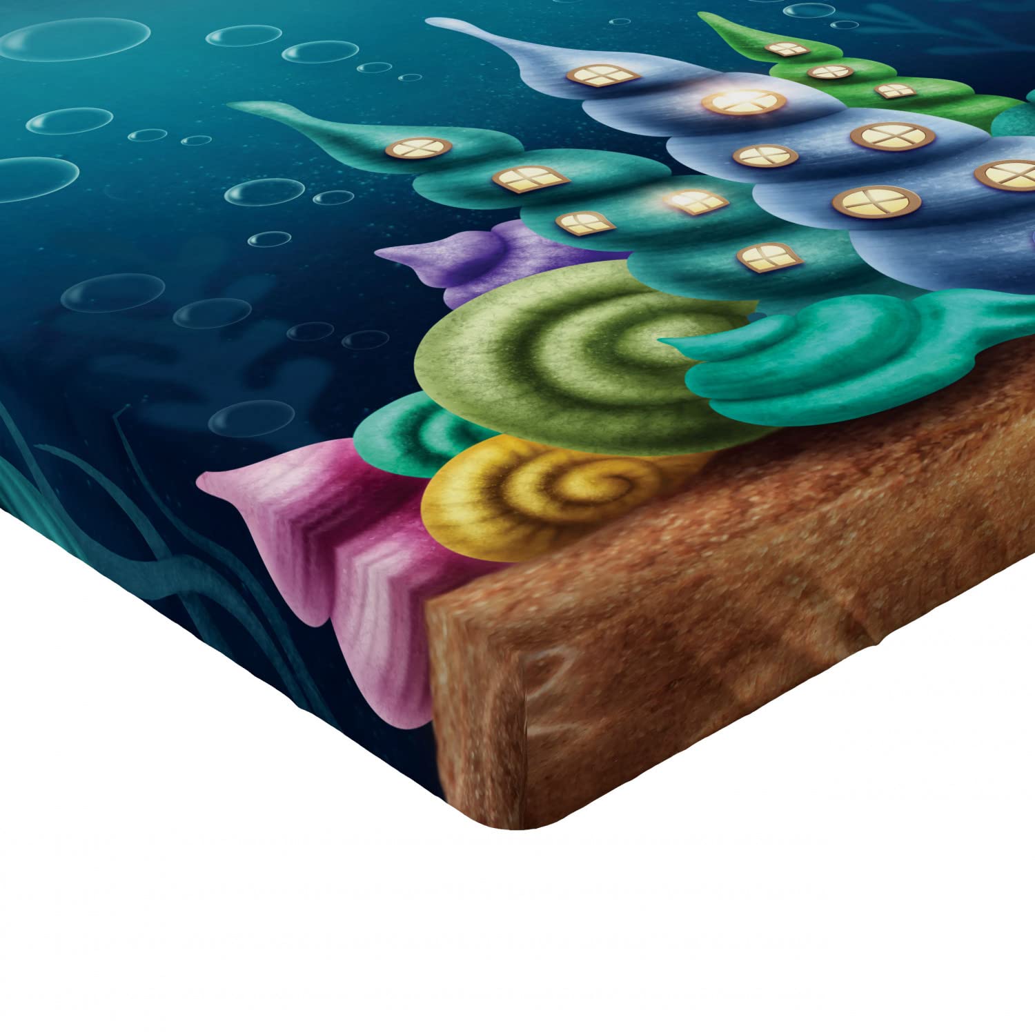 Ambesonne Ocean Themed Fitted Sheet - Underwater Fantasy Kingdom with Shell Houses & Water Bubbles Cartoon Print, Deep Pocket Full Size Bed Cover with All-Around Elastic - Perfect for Kids' Rooms, Beach Themed Decor & Cozy Bedrooms (Teal Brown)