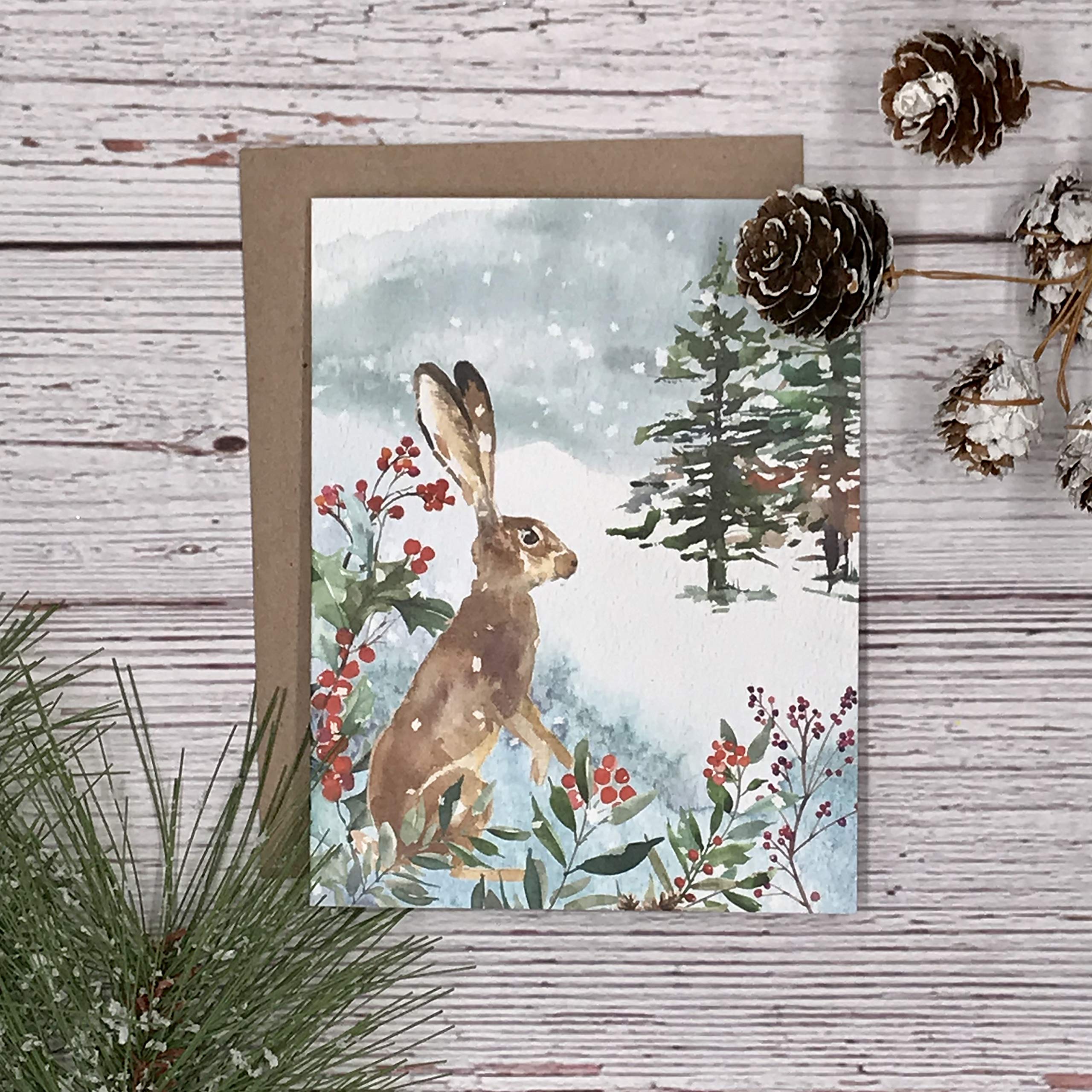 Premium Watercolor Winter Woodland Animal Note Card Set - Fox & Hare Holiday Christmas Cards - Luxury Gift for Friends, Family & Coworkers - Perfect for Holiday Greetings, Thank You Notes & Seasonal Wishes