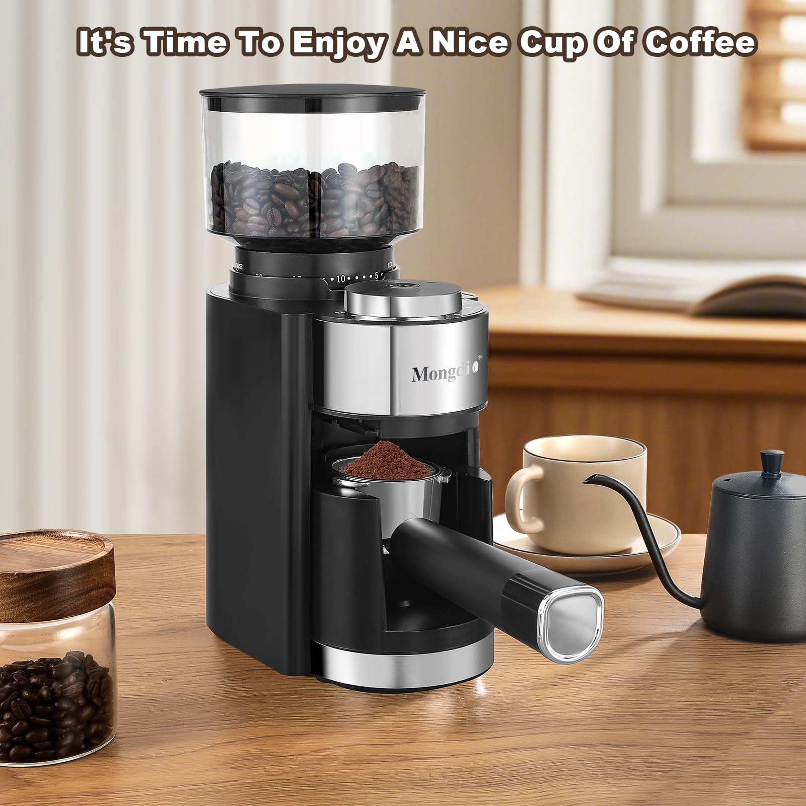 Premium Mongdio Electric Burr Coffee Grinder - 25 Precise Grind Settings for Espresso, Drip, Cold Brew & French Press - Professional Coffee Bean Grinder for Home & Office Use - Perfect for Morning Brews & Entertaining Guests - Sleek Black Design