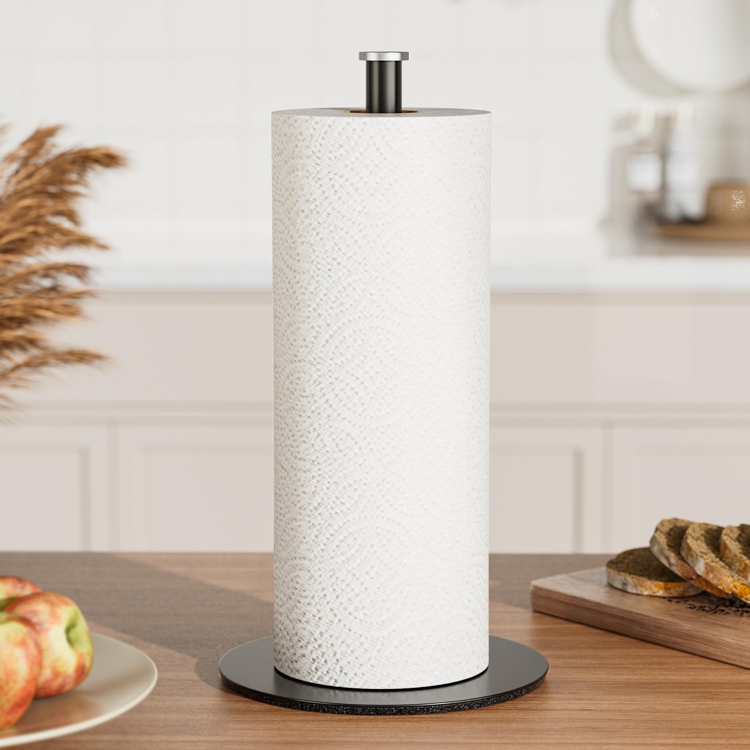 Stainless Steel Paper Towel Holder Stand - Matte Black Free Standing Kitchen Roll Organizer, Non-Slip Base Fits Most Paper Towel Sizes - Perfect for Countertops, Pantries & RVs