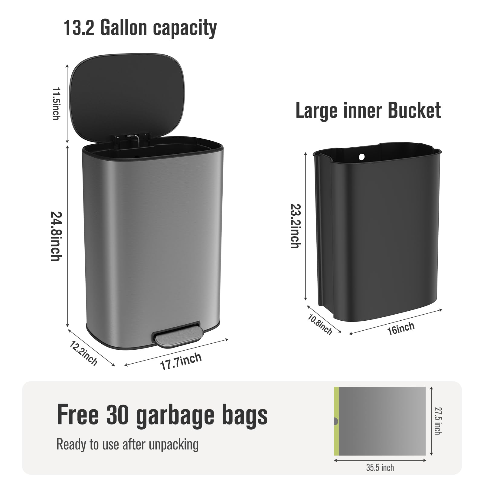 13 Gallon Stainless Steel Trash Can with Lid - Metal Foot Pedal, Quiet Soft Close, Includes 30 Garbage Bags - Perfect for Kitchen, Office, Living Room, Bathroom & Commercial Use