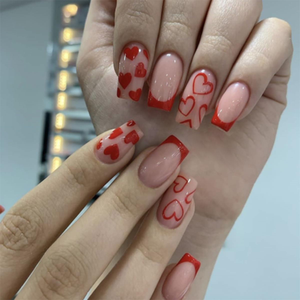Valentine's Day Press on Nails - Medium Square Red French Tip with Heart Designs | Glue on Fake Nails | Perfect for Date Night, Parties & Romantic Occasions | Nail Accessories for Women & Girls