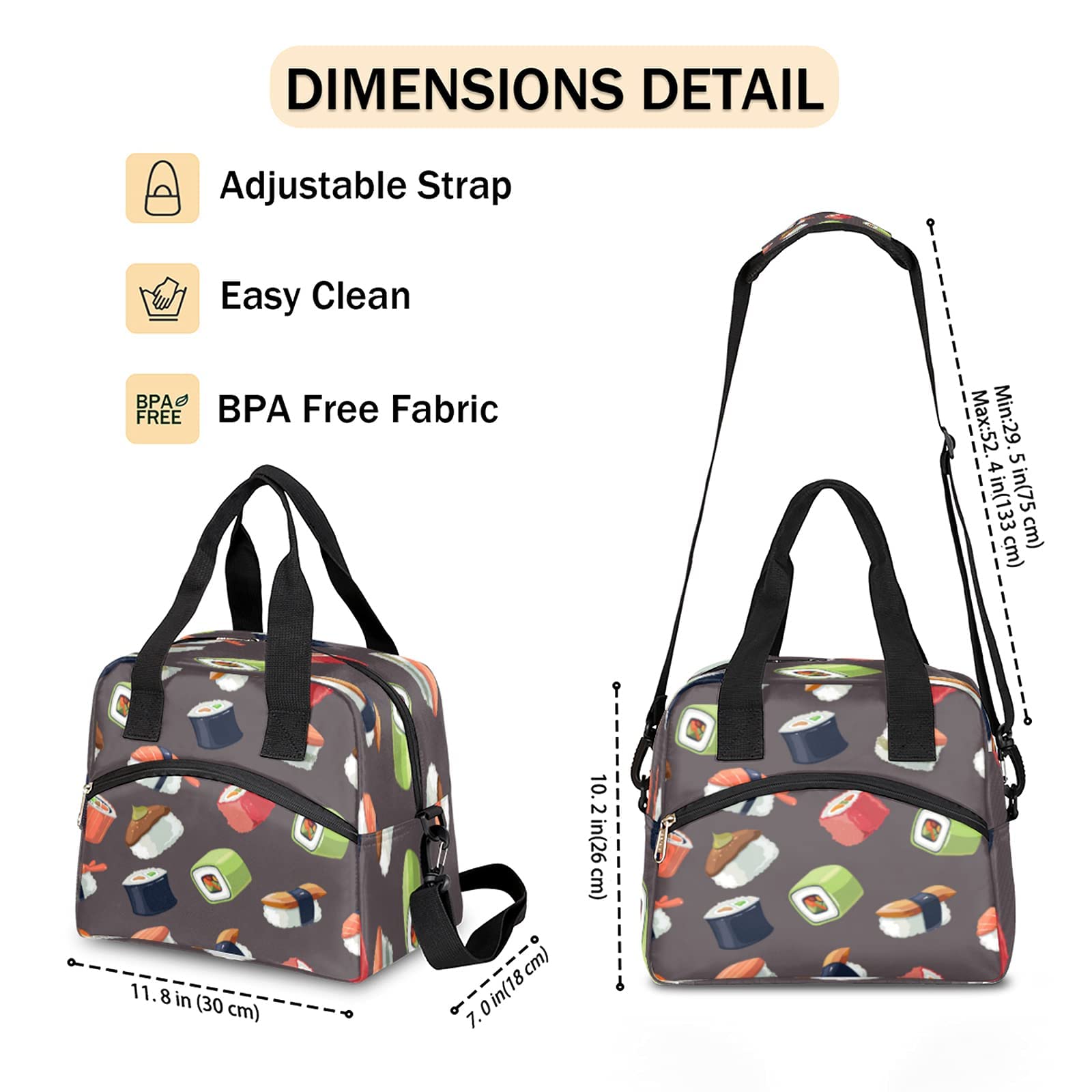 Cfpolar Insulated Lunch Bag - Leakproof Reusable Cooler Tote with Adjustable Shoulder Strap for Women & Men | Perfect for Meal Prep, Work, School, Travel & Picnics | Cute Sushi Design Lunch Box