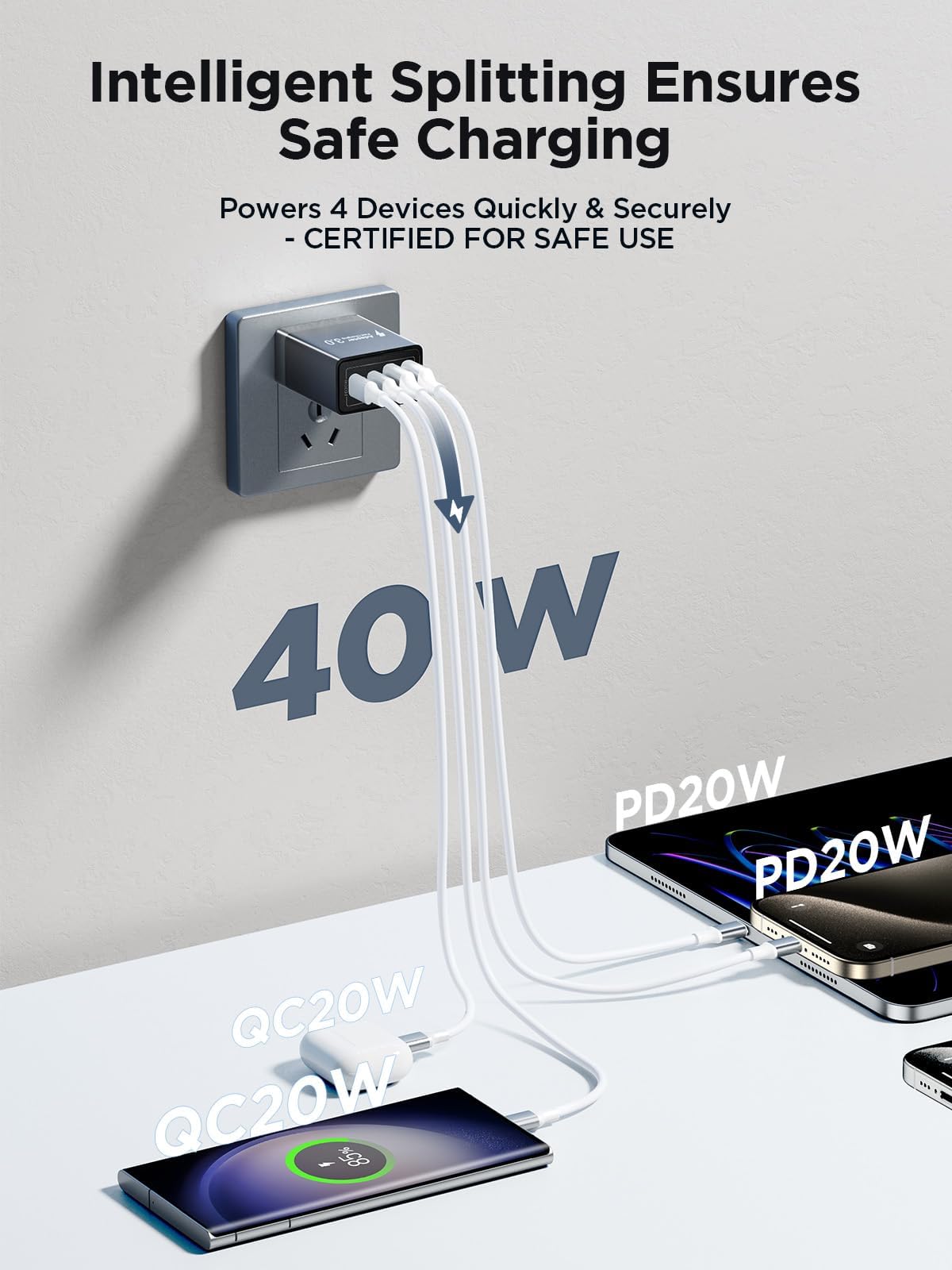 40W Dual Port USB C Wall Charger with PD & QC 3.0 - Fast Charging Block for iPhone 15/14/13/12 Pro Max, iPad, Galaxy S23, Pixel, LG Tablet & Android Devices - Compact Power Adapter for Home, Office & Travel