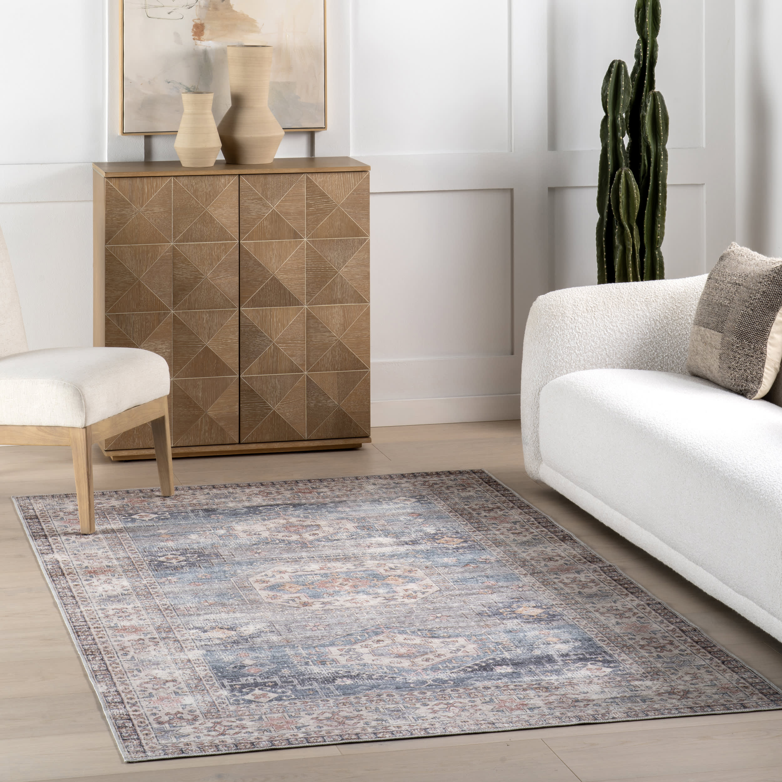 Allison Faded Spill Proof Washable Rug - Blue Non-Slip Area Rug for Living Room, Bedroom, Kitchen & High Traffic Areas