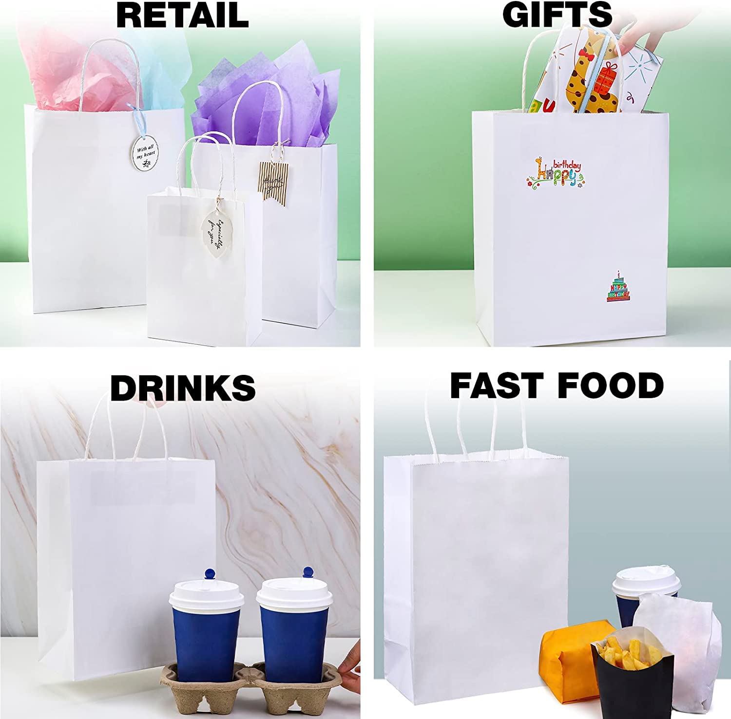 Eco-Friendly Recycled Paper Gift Bags 8x10x4 Inches - Small White Shopping Bags for Retail, Merchandise & Crafts (Pack of 25) | Perfect for Boutique Packaging, Party Favors & Sustainable Gift Wrapping