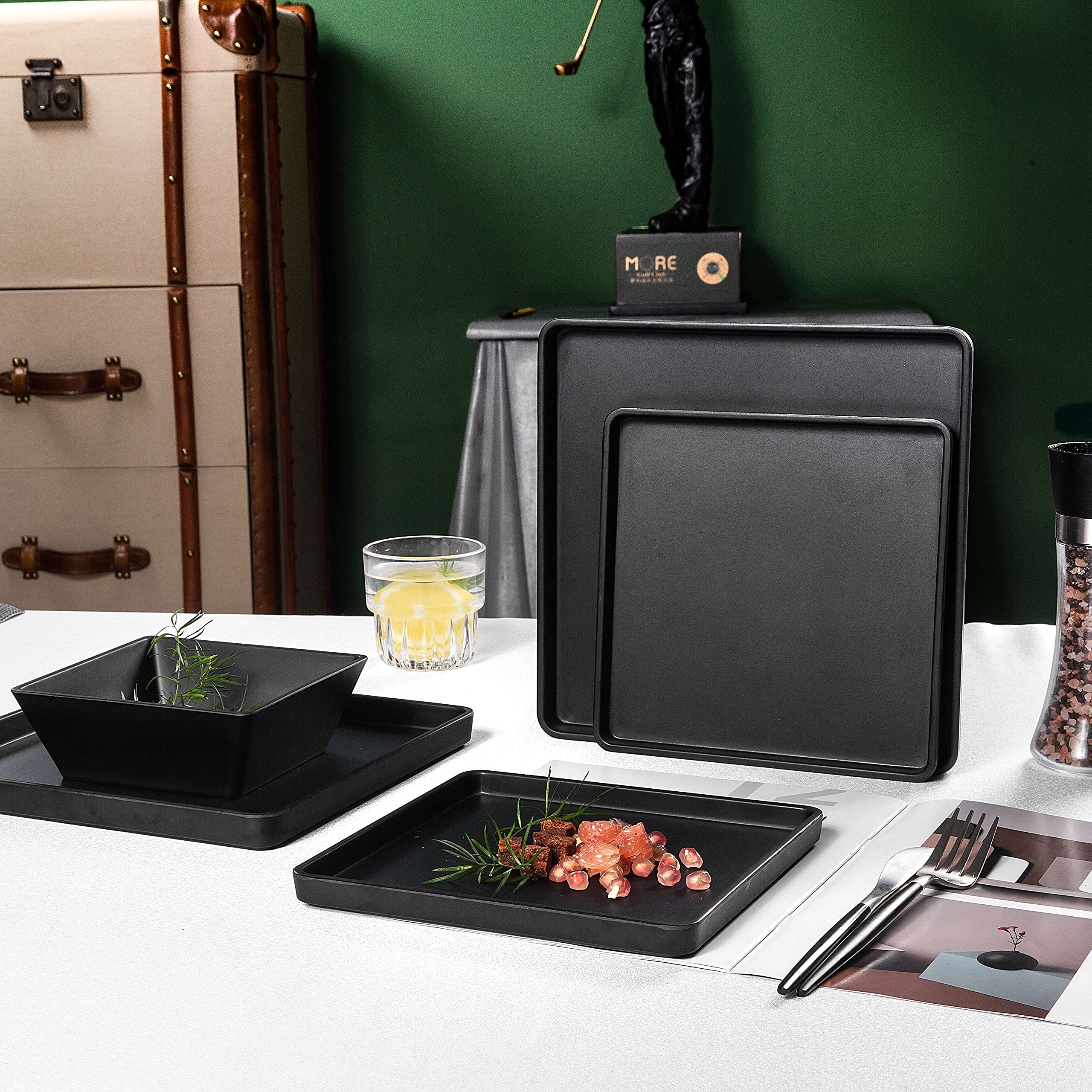 Premium 12-Piece Melamine Dinnerware Set - Durable Square Plates & Bowls in Elegant Black | Perfect for Outdoor Dining, Picnics, Camping & Everyday Use