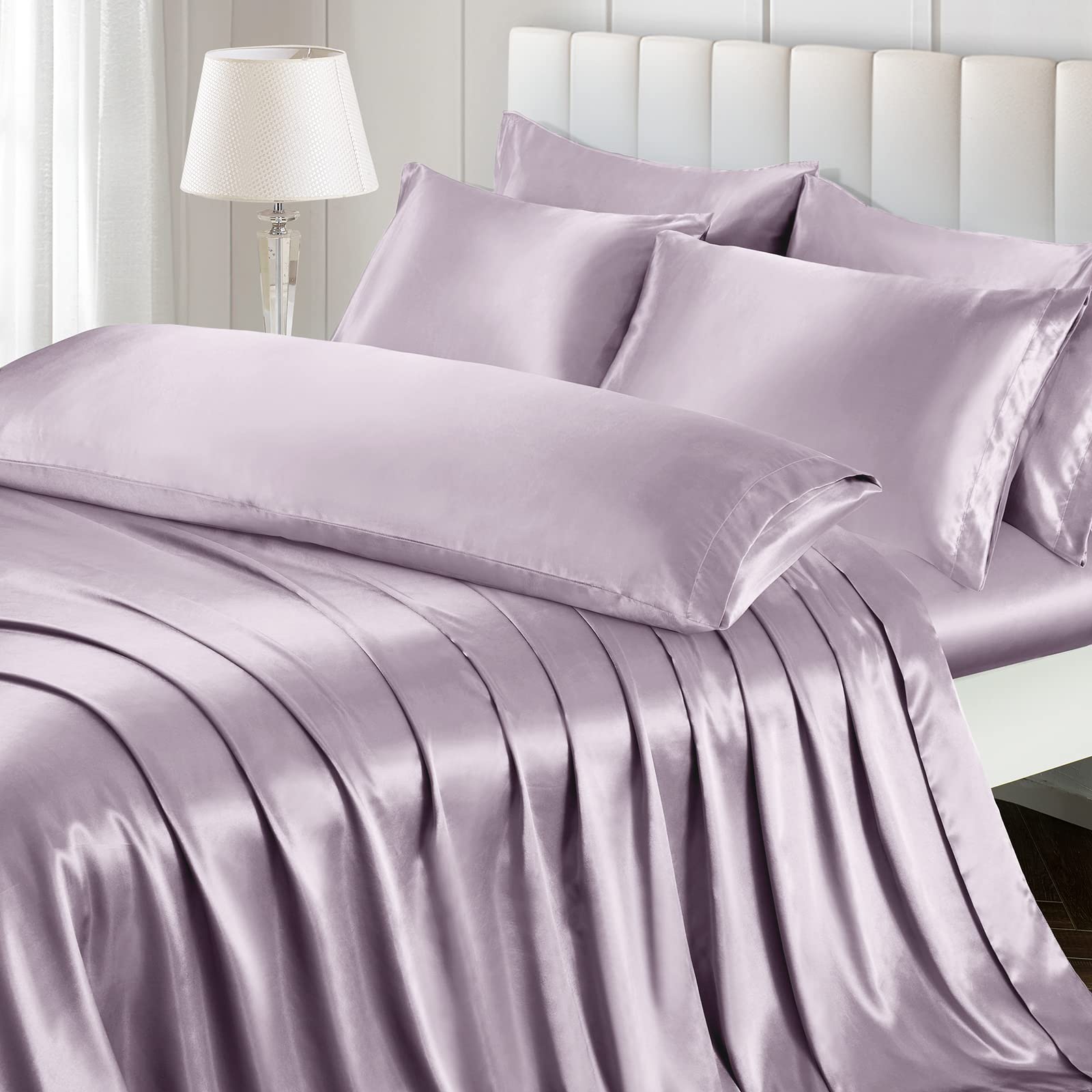Luxury 7-Piece Satin Sheet Set Queen Size - Silky Soft Lavender Satin Bedding with Deep Pocket Fitted Sheet, Flat Sheet & 4 Pillowcases + Body Pillowcase for Bedroom Decor & Romantic Nights