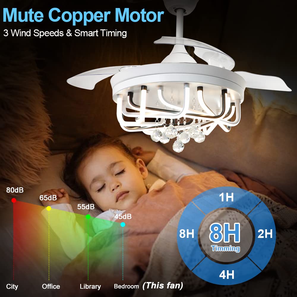 40W LED Ceiling Fan with Remote Control - 42 Inch Modern Chandelier Style, 3-Blade Retractable Flush Mount Fan Light (3 Color Changing Modes, Timer Function) for Bedroom, Living Room & Kitchen | FCC Certified | Energy Efficient Home Cooling Solution