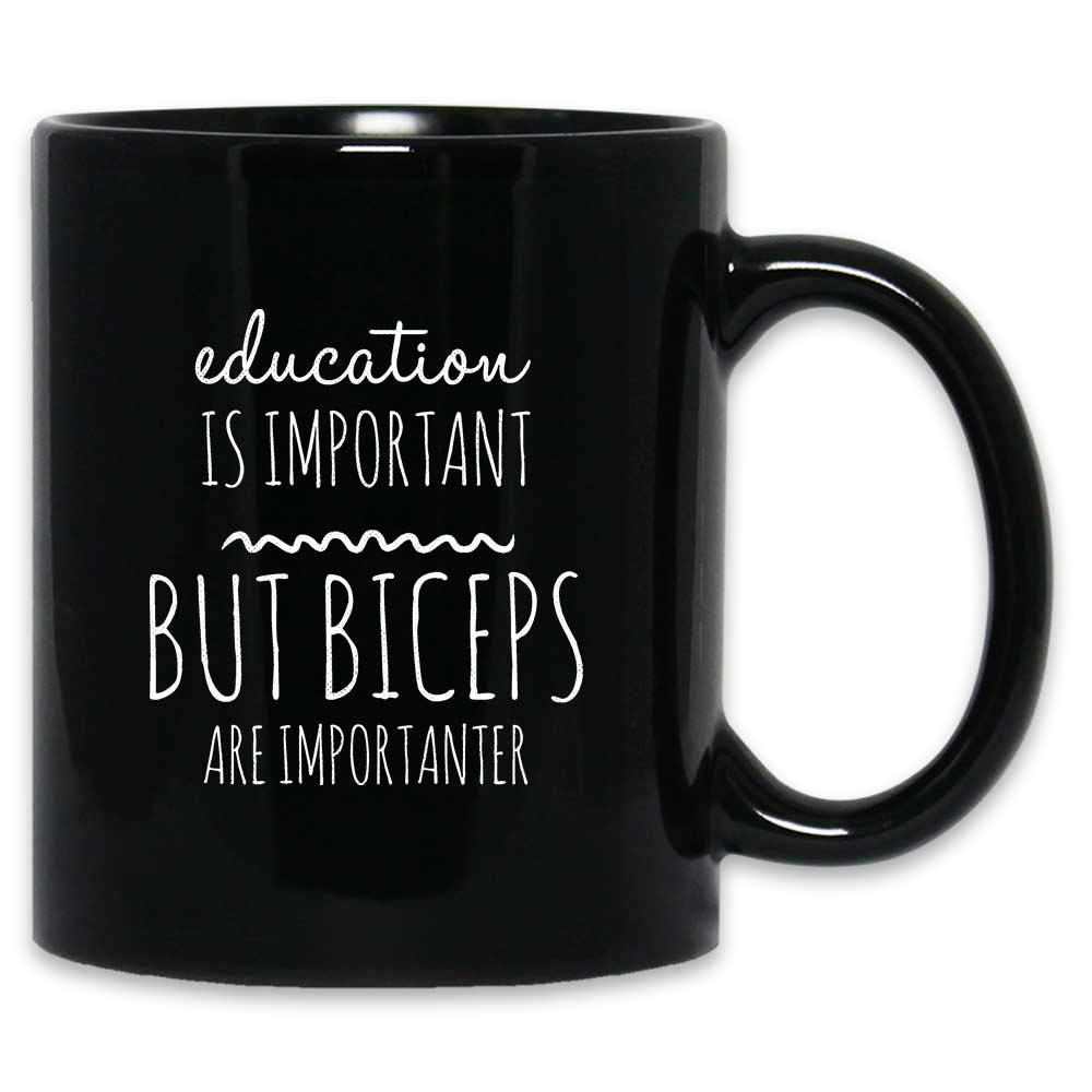 Funny Gym Coffee Mug - 'Education Is Important But Biceps Are Importanter' Workout Fitness Motivational Ceramic Cup 11oz | Perfect for Gym Lovers, Bodybuilders & Fitness Enthusiasts