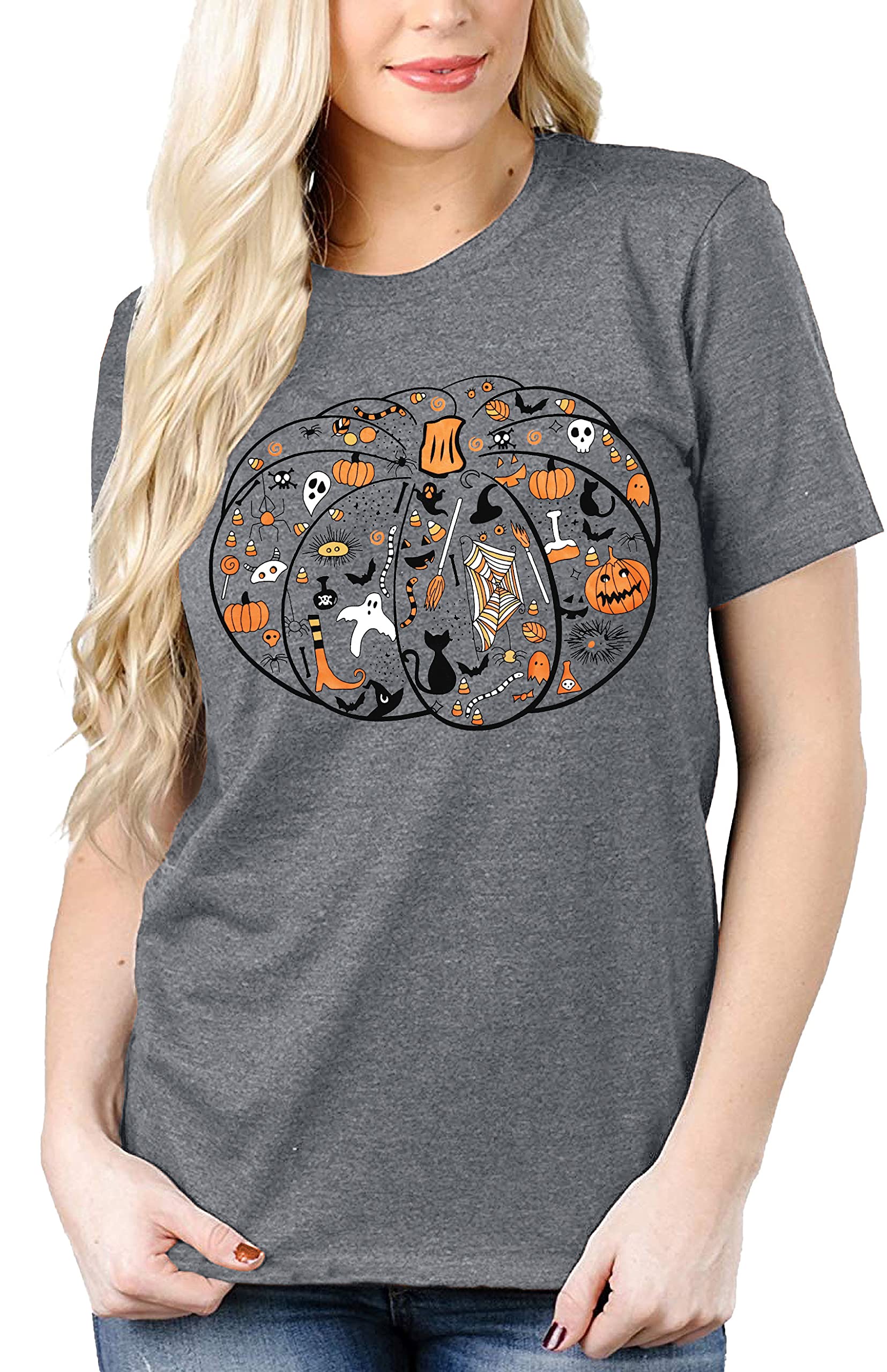 Women's Halloween Pumpkin Leopard Graphic Short Sleeve T-Shirt | Fall Thanksgiving Casual Top | Perfect for Costume Parties, Autumn Outings & Holiday Gifting