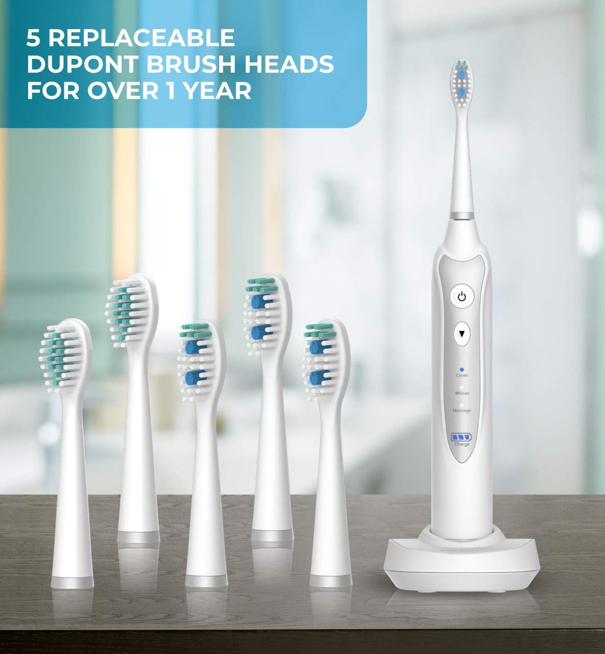 Sonic Electric Toothbrush with 3 Brushing Modes & Timer - 5 Replacement Heads & Fast Wireless Charging - Black/White Travel Toothbrush for Home, Office & Vacation Use